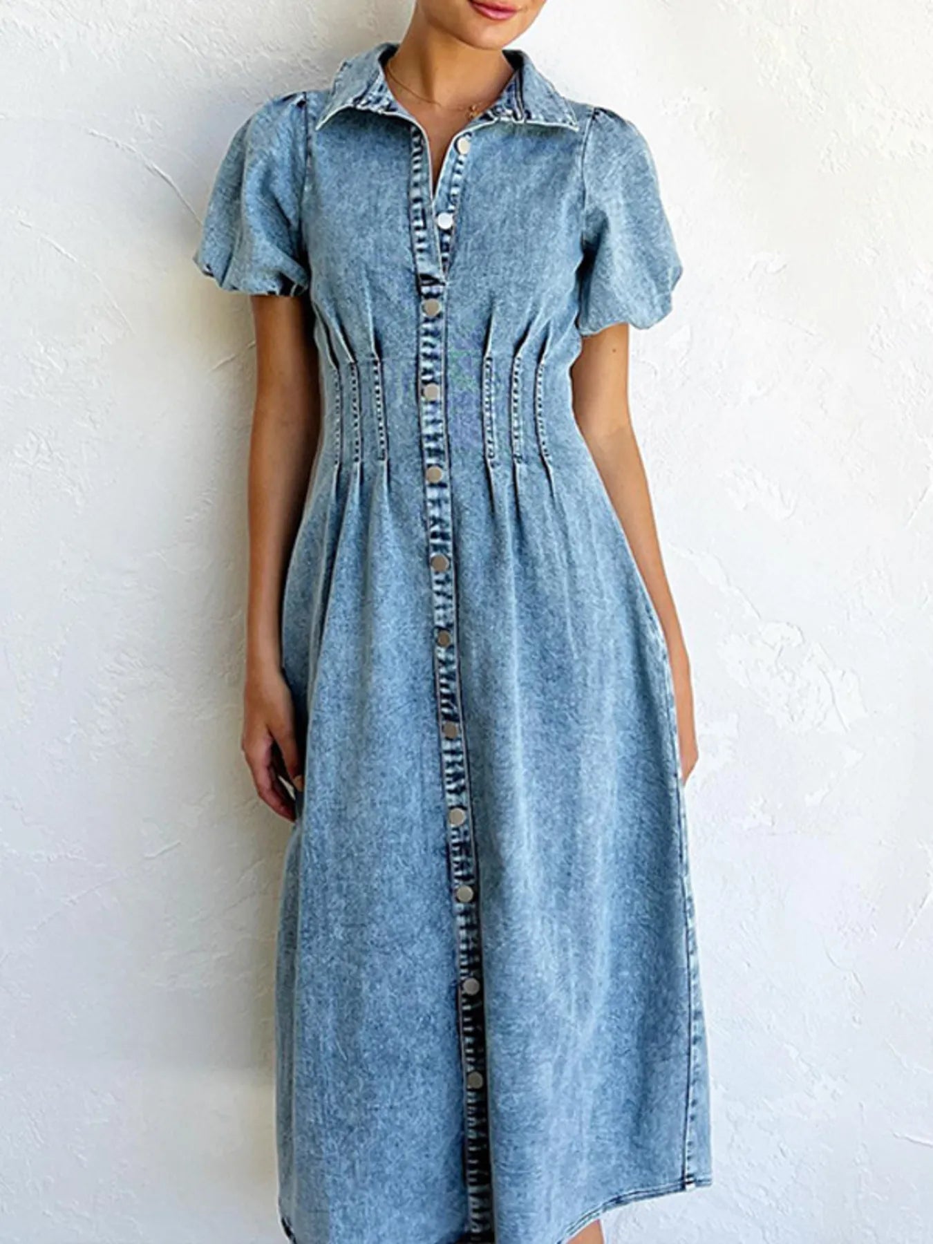 puff sleeve denim midi dress light wash button front collared style with cinched waist and A line skirt