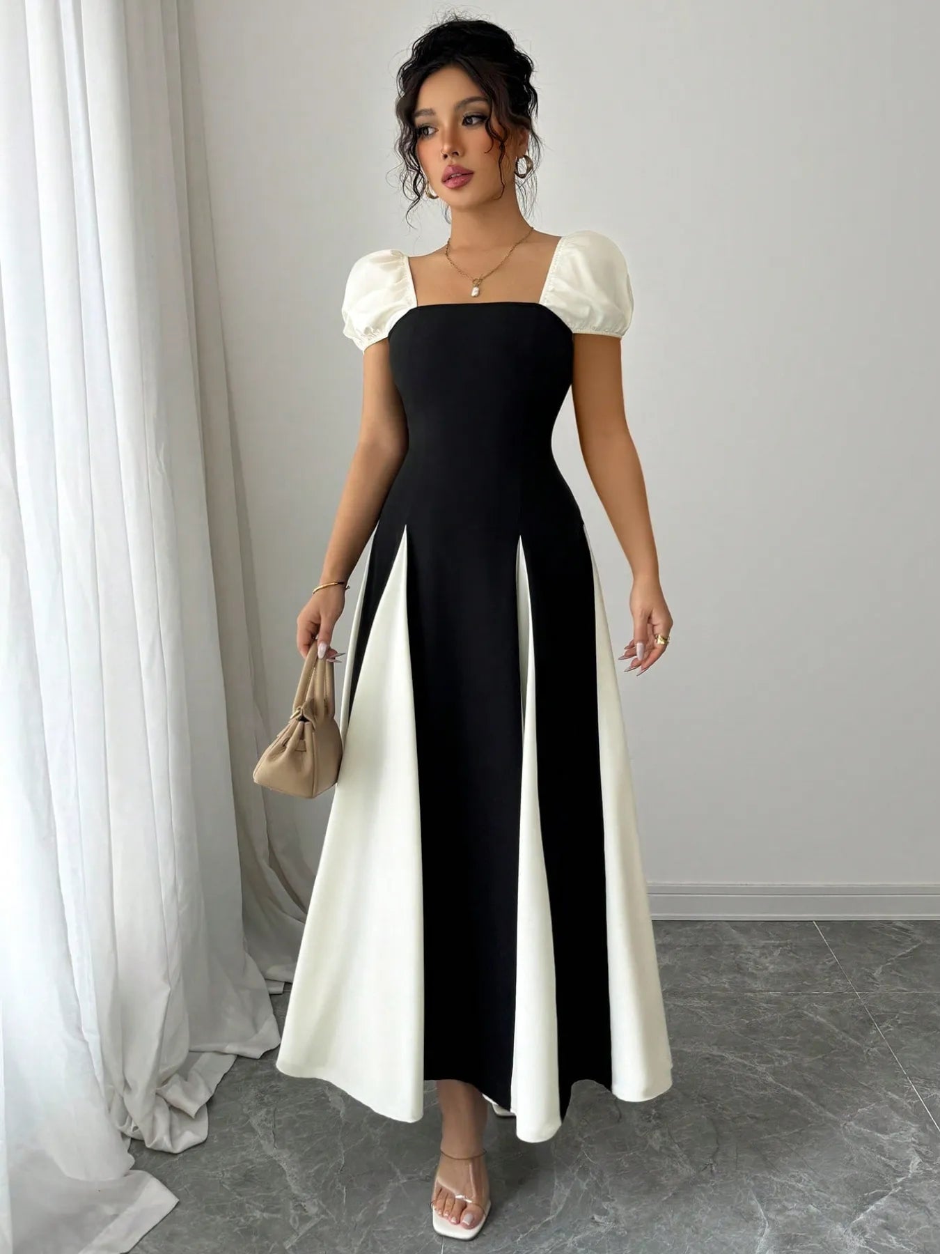 contrast puff sleeve midi dress in black and ivory with square neckline and A line skirt