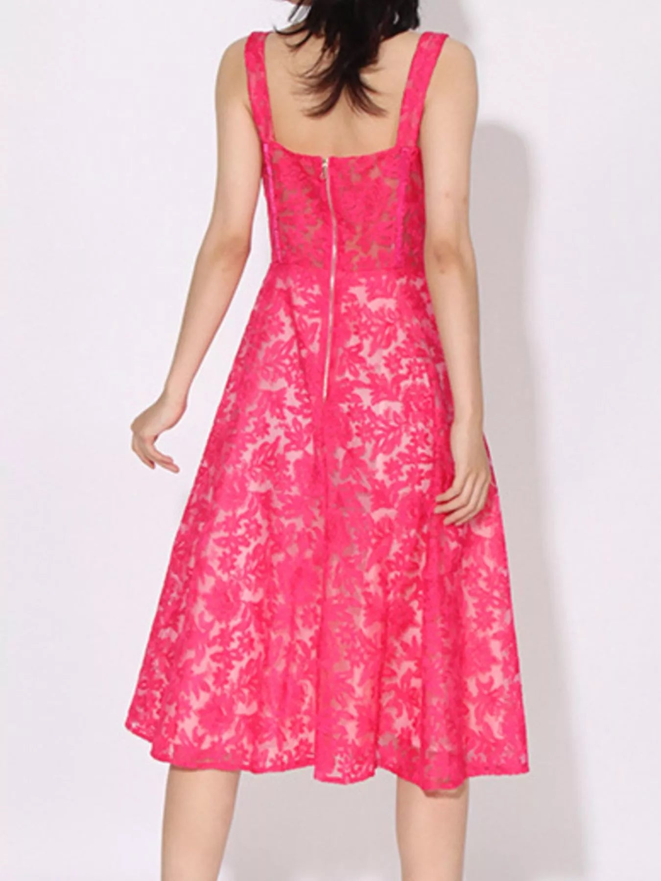 Back view of hot pink floral lace sweetheart neck cami dress with zip back and A line midi skirt