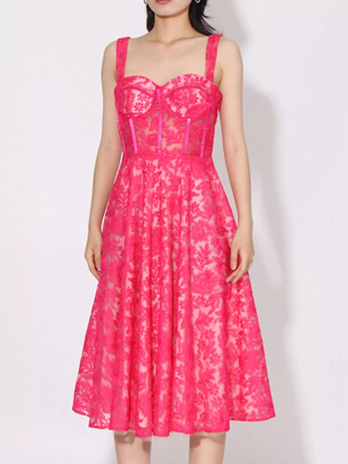 bright pink lace sweetheart neck cami dress with corset bust and A line midi skirt