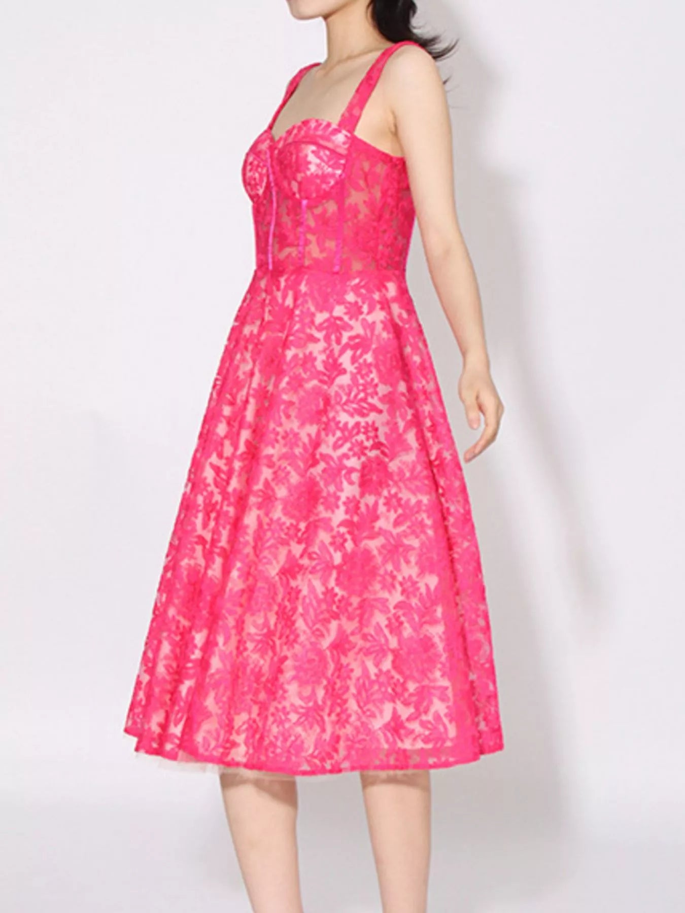 pink floral lace sweetheart neck cami dress with fitted bodice wide straps and A line midi skirt