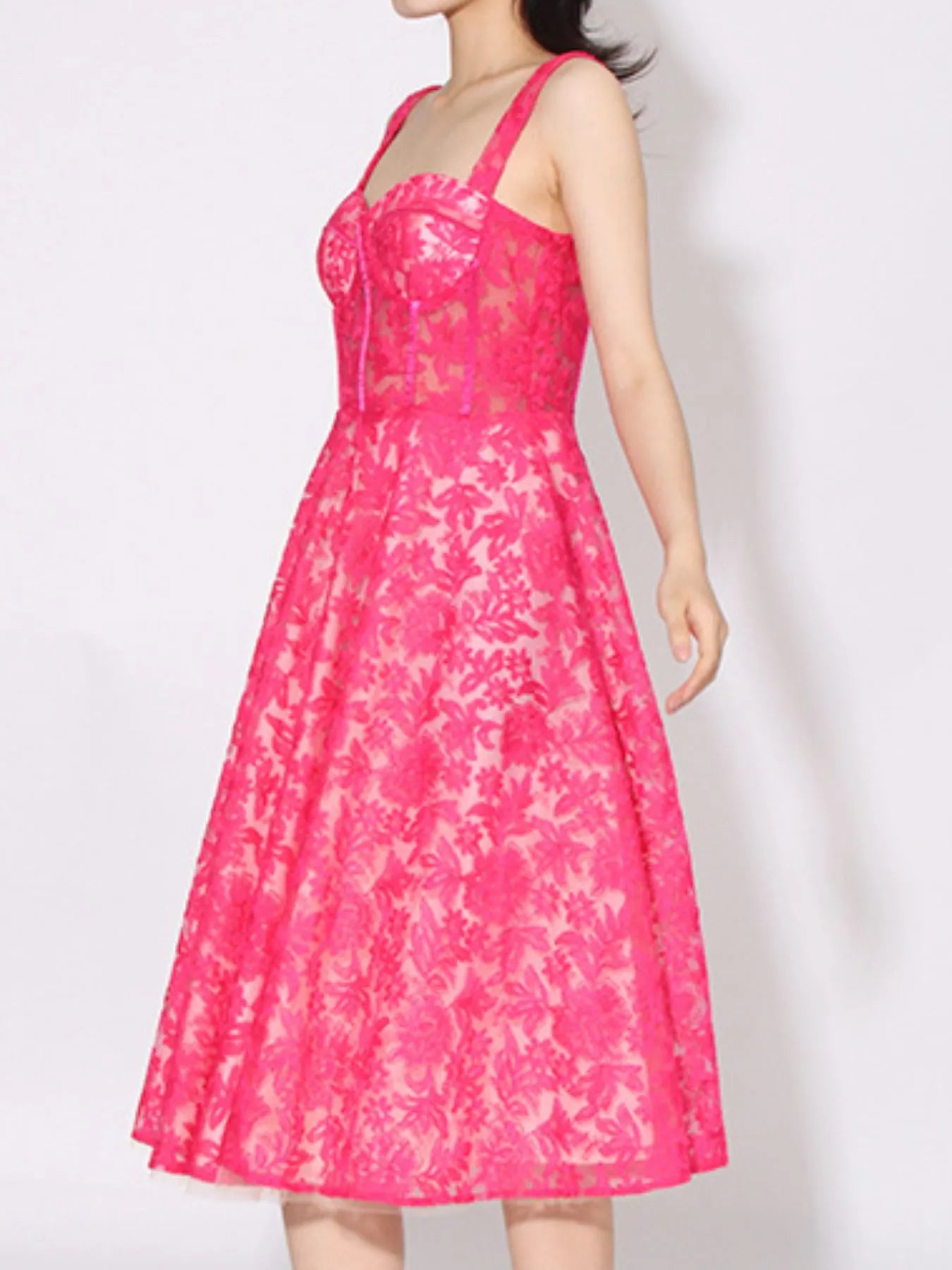 hot pink lace sweetheart neck cami dress with fitted bodice and flared midi skirt