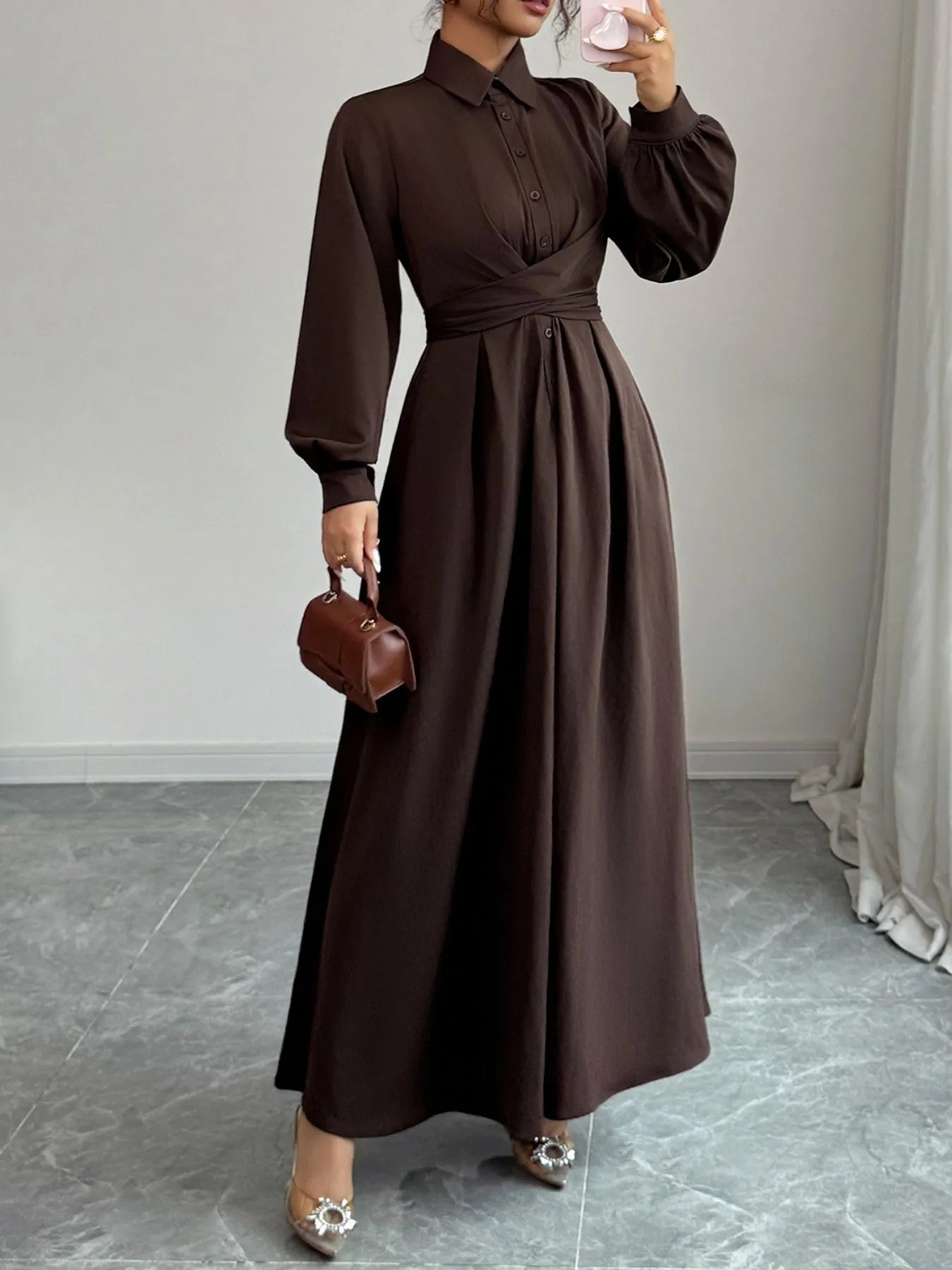 long sleeve maxi shirt dress in chocolate brown with collared button bodice cinched waist and full skirt