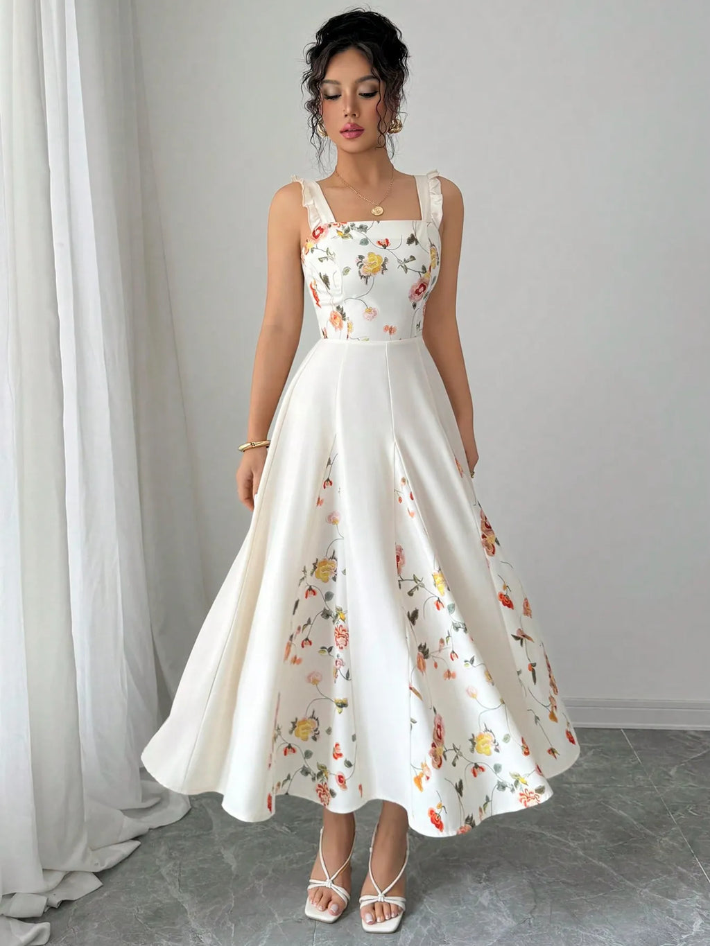 printed square neck midi dress in white floral with fitted bodice tie straps and full flared skirt