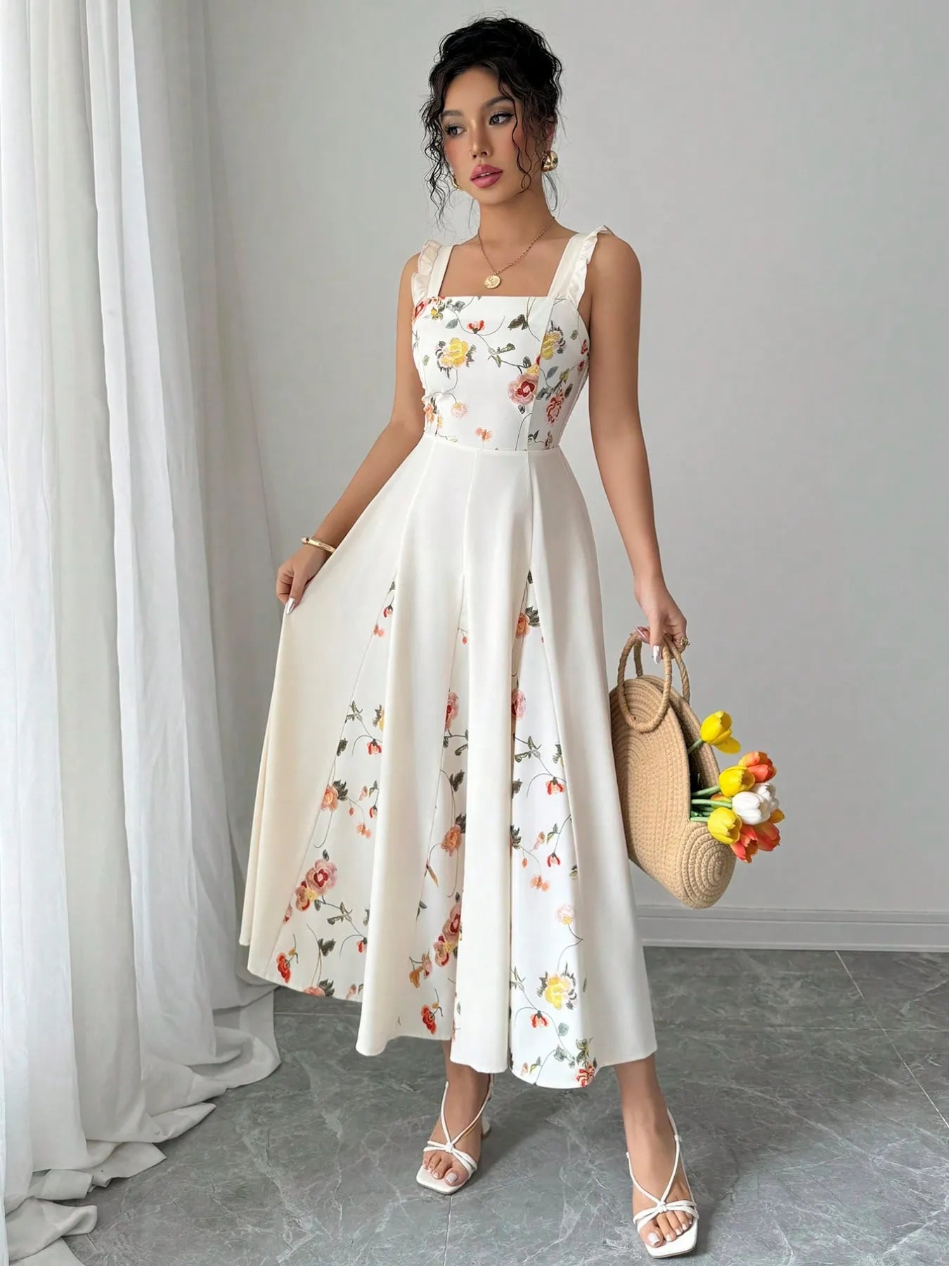 printed square neck midi dress white floral A line on model with straw bag and white sandals