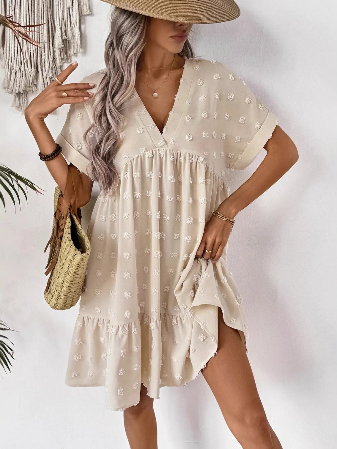 ruffled hem swiss dot mini dress beige V neck short sleeve boho summer dress with straw hat and woven bag