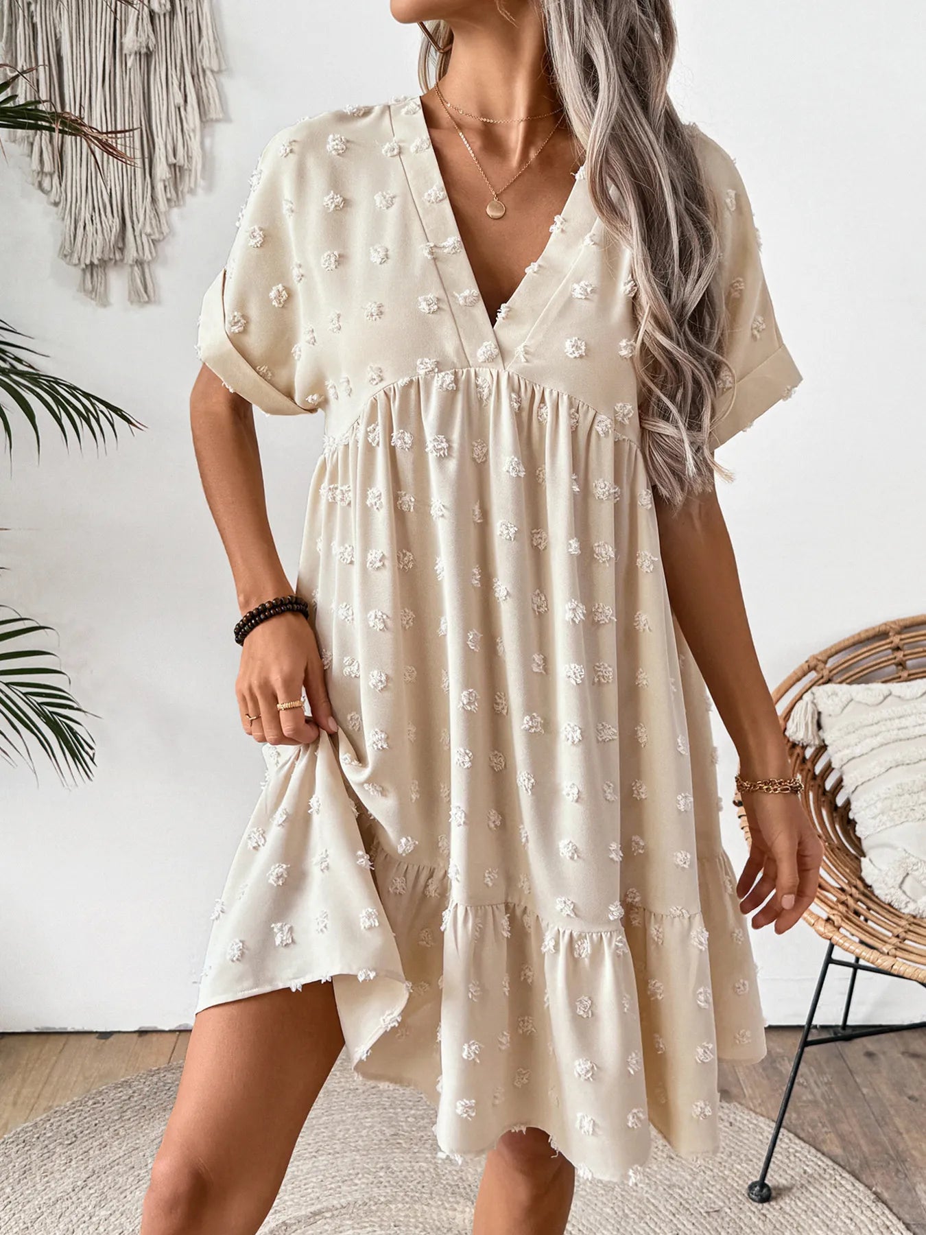 cream V neck short sleeve ruffled hem swiss dot mini dress loose tiered summer style