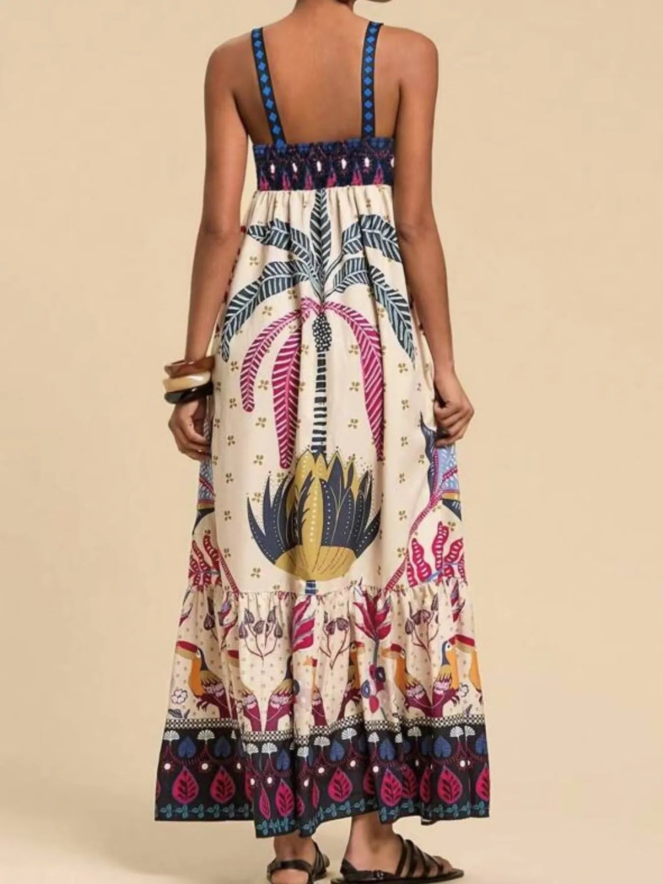 tropical print maxi dress back view smocked bodice blue straps cream boho palm print