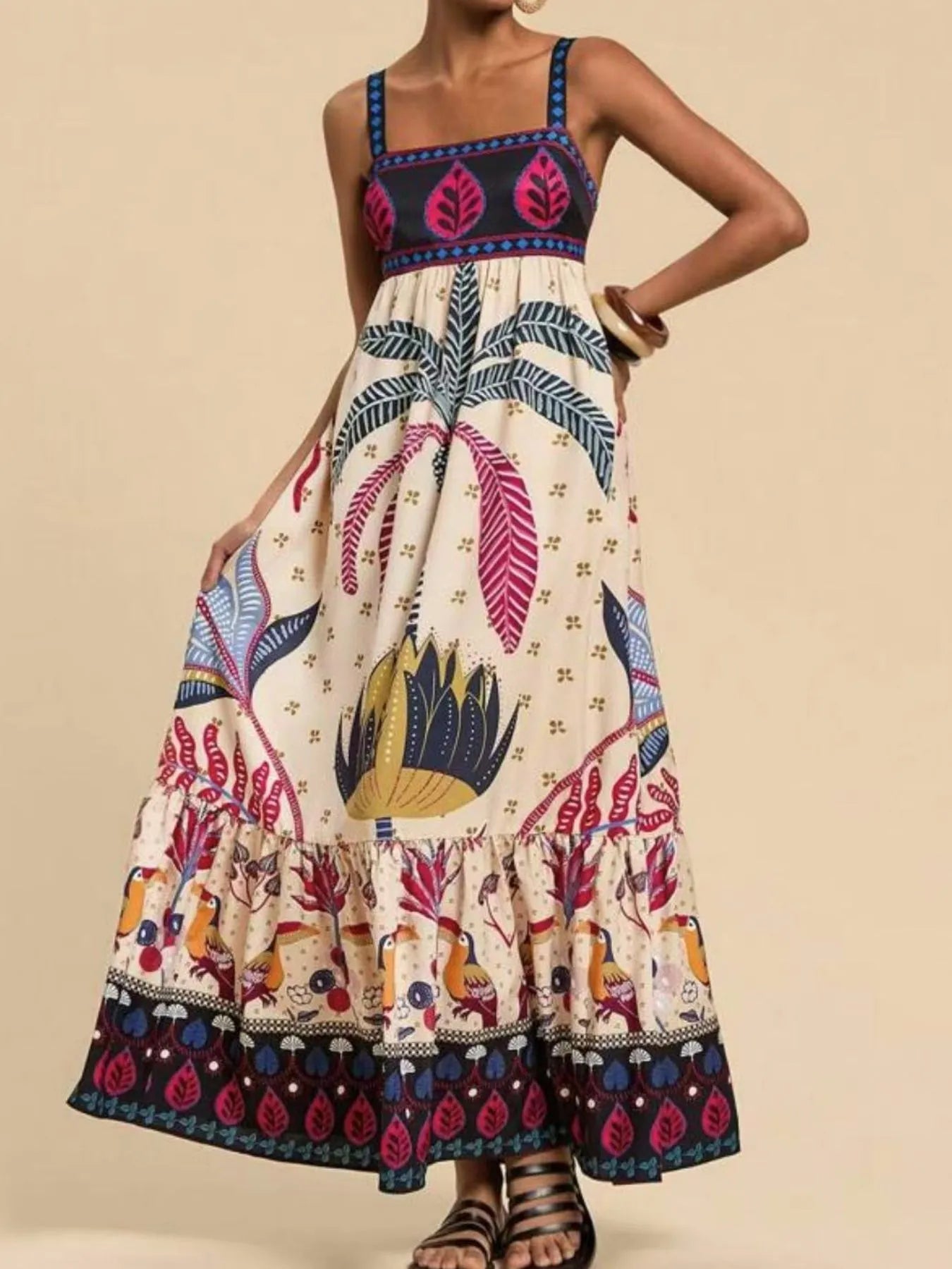 tropical print maxi dress cream boho tiered skirt with colorful palm motifs square neckline straps