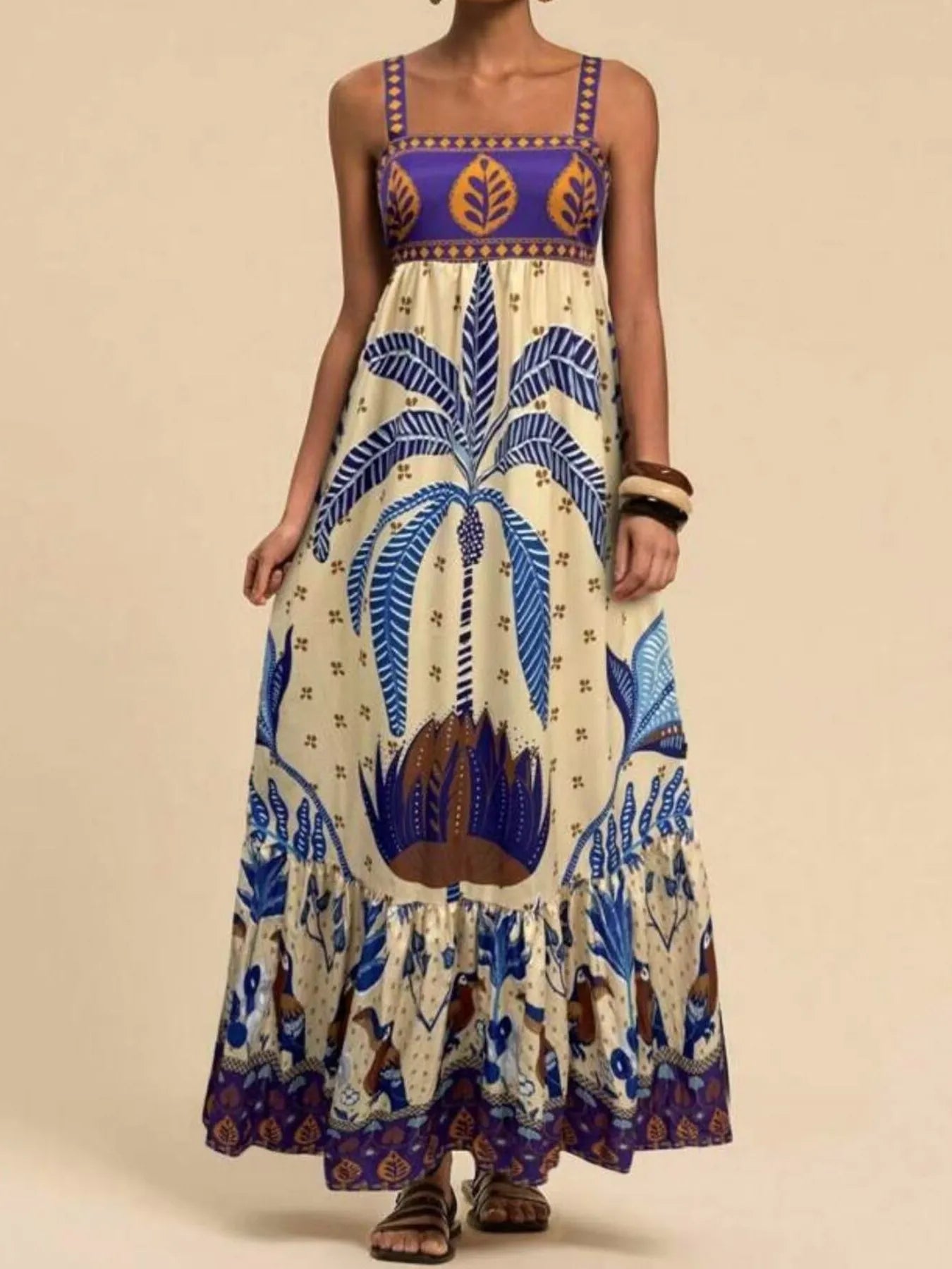 tropical print maxi dress with blue palm motif square neck spaghetti straps boho ankle length style
