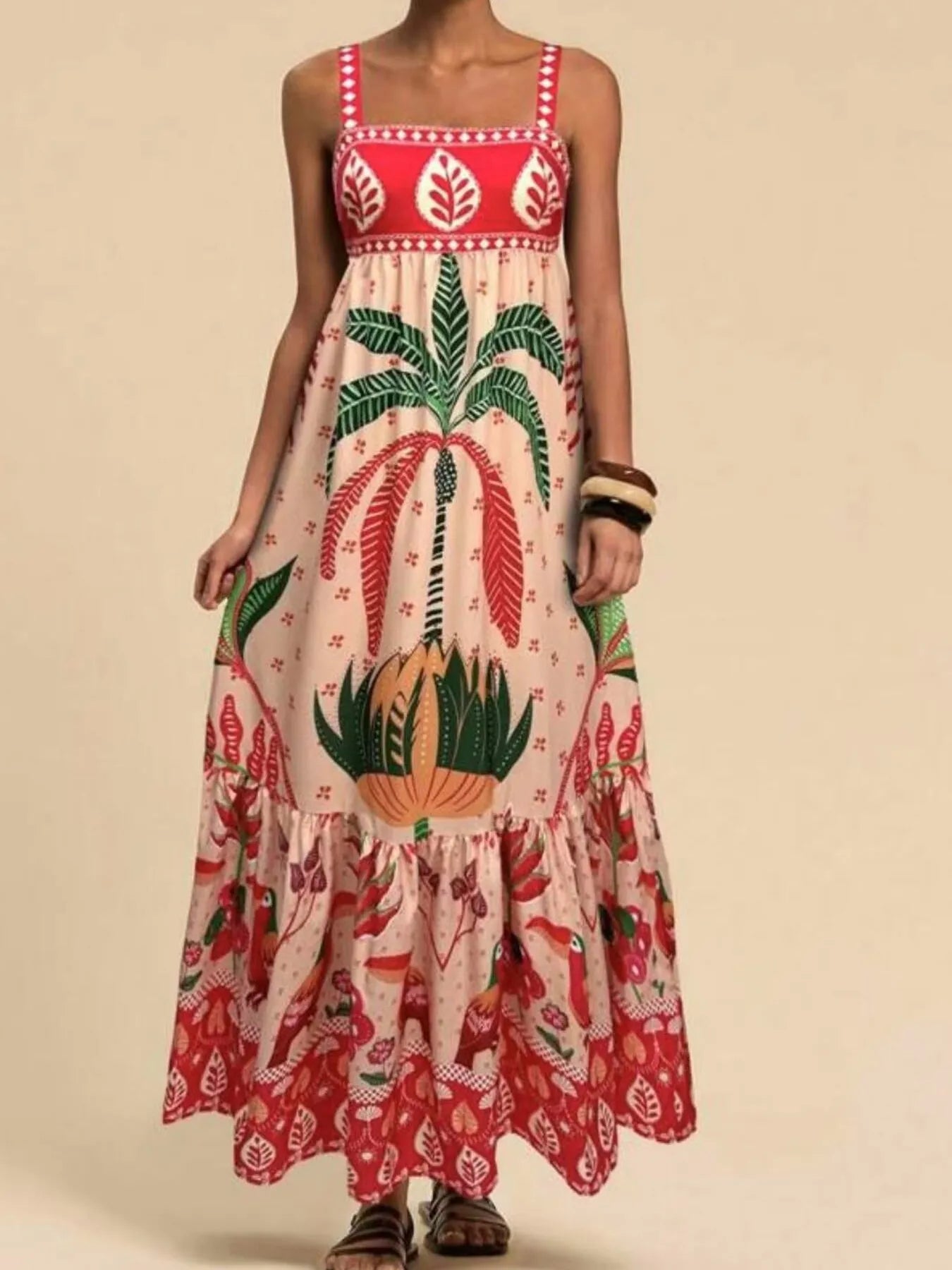 tropical print maxi dress in red and cream with palm motif square neck ruffle hem ankle length