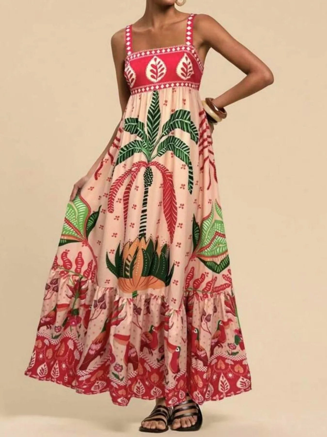 tropical print maxi dress with palm motifs and red boho border and sleeveless square neck
