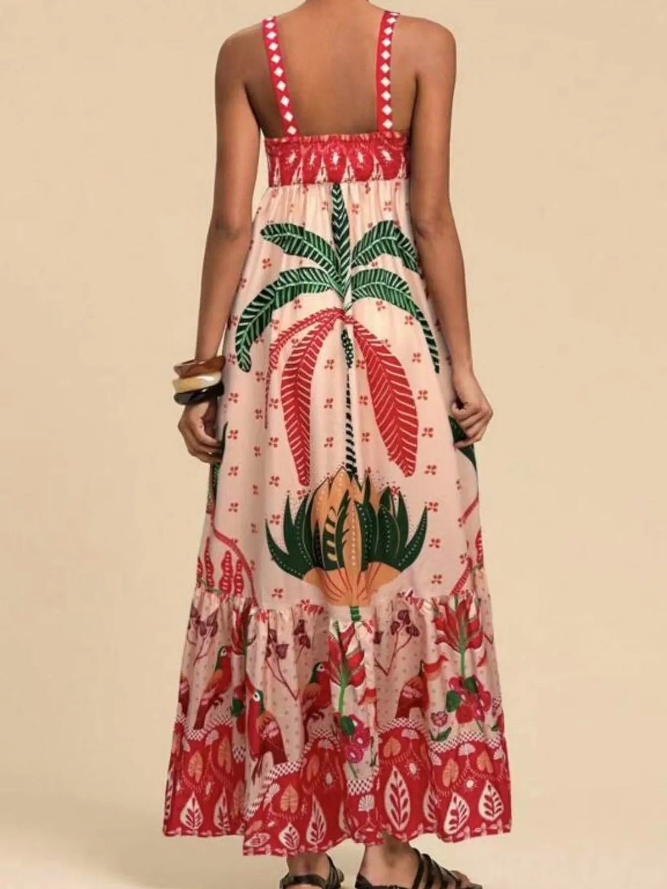 tropical print maxi dress back view sleeveless smocked bodice palm tree motif tiered hem