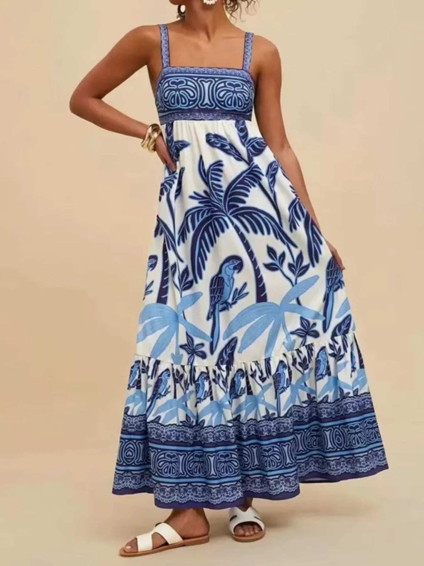 blue and white tropical print maxi dress with square neckline smocked bodice and tiered skirt for summer