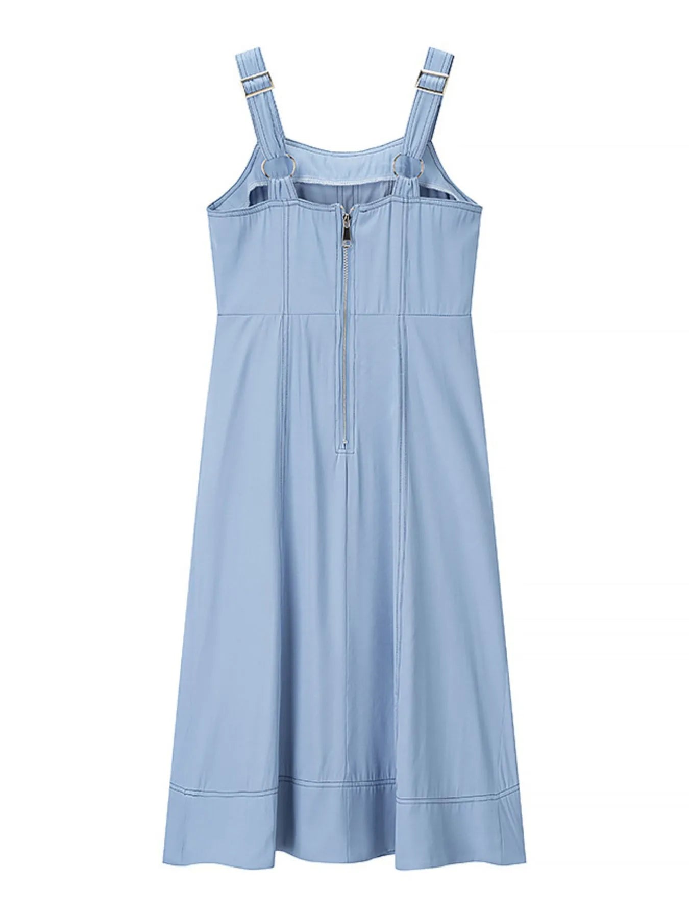 light blue A line midi wide strap denim dress with front zipper and adjustable buckle straps