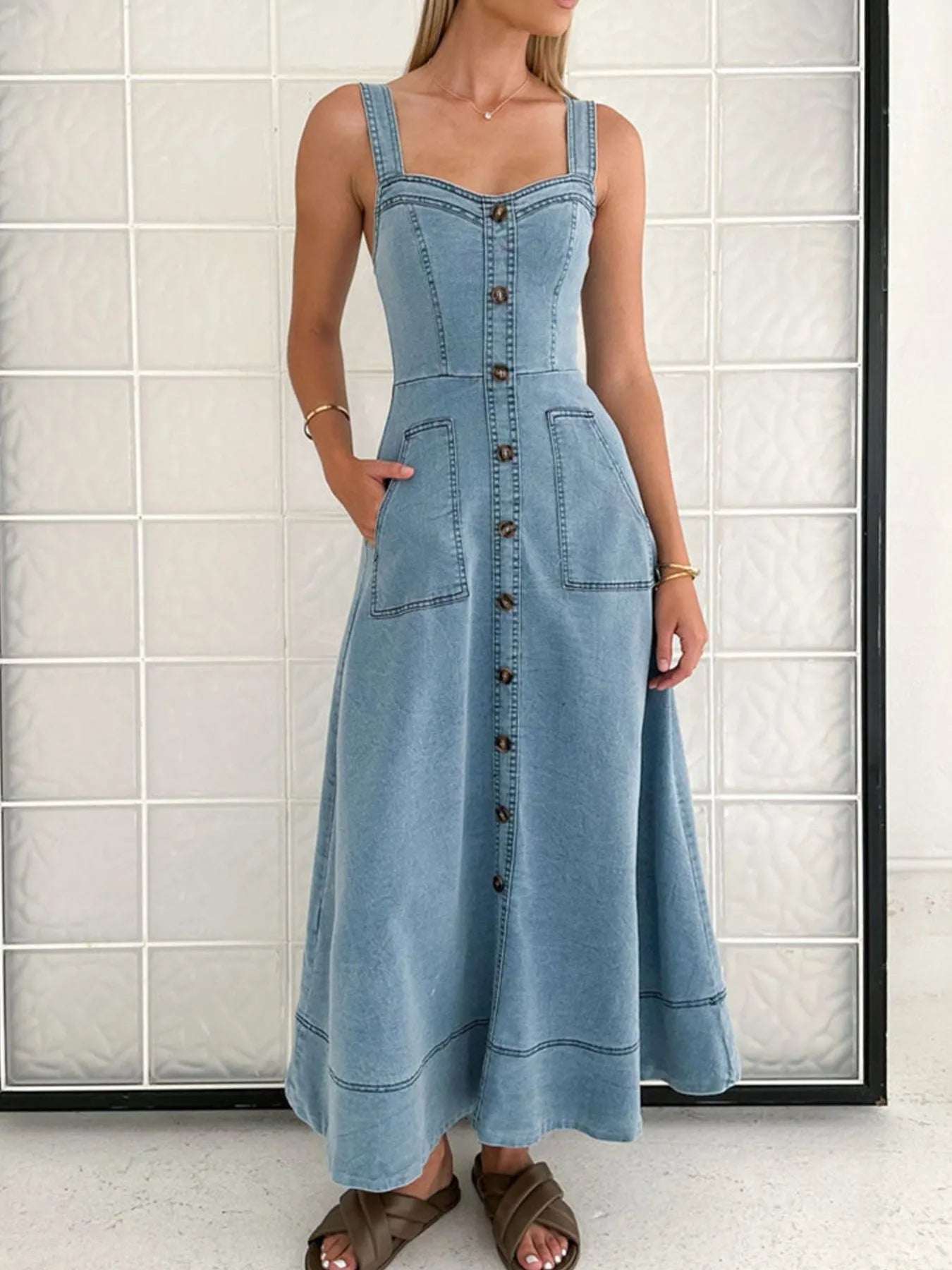 light blue wide strap denim dress button front maxi with front patch pockets and A line skirt