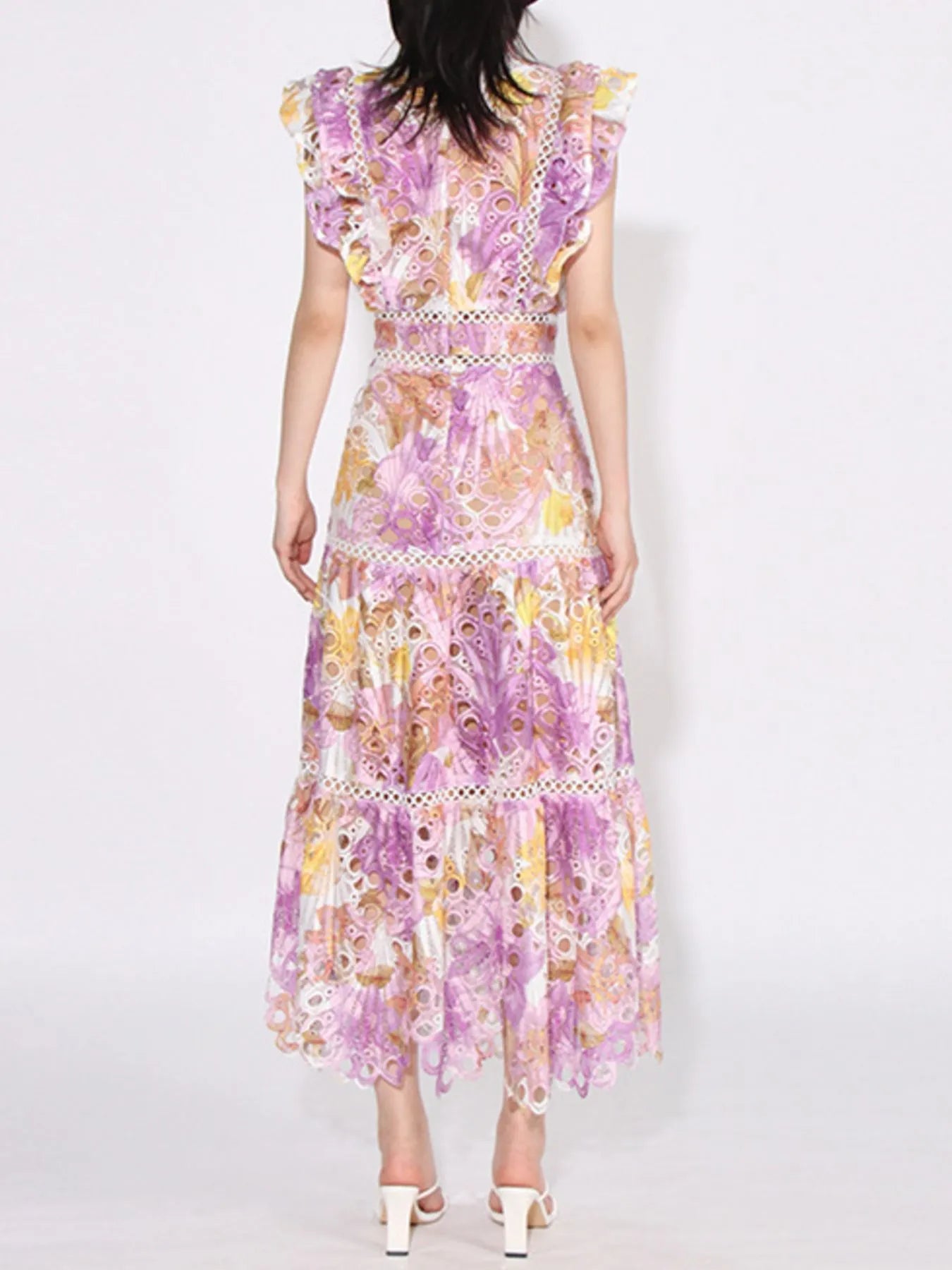 floral ruffled hollow out midi dress in pastel purple and yellow with tiered skirt and ruffle sleeves