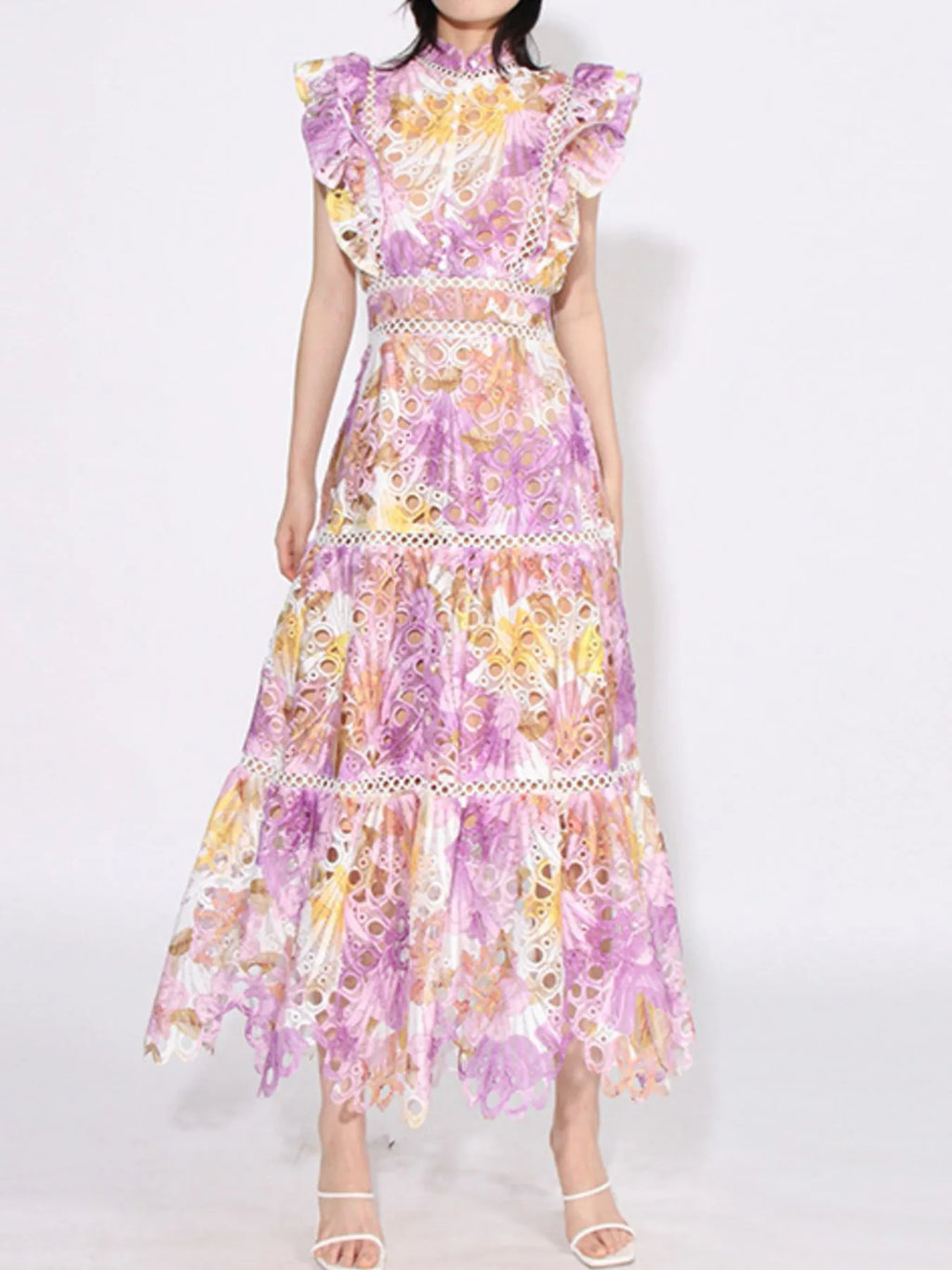 ruffled hollow out midi dress pastel purple yellow floral lace tiered skirt with ruffle sleeves