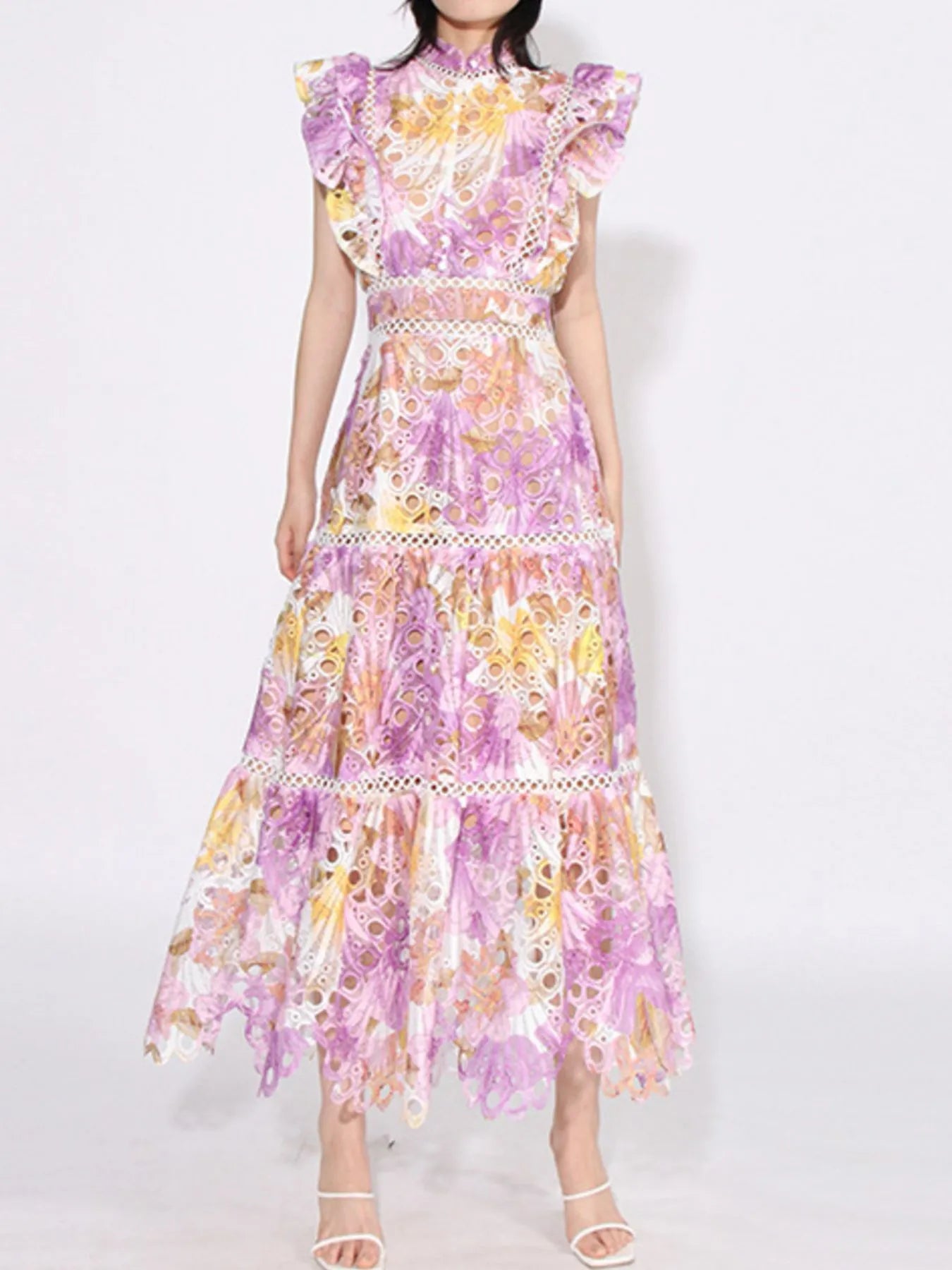 ruffled hollow out midi dress pastel purple yellow floral lace tiered skirt with ruffle sleeves