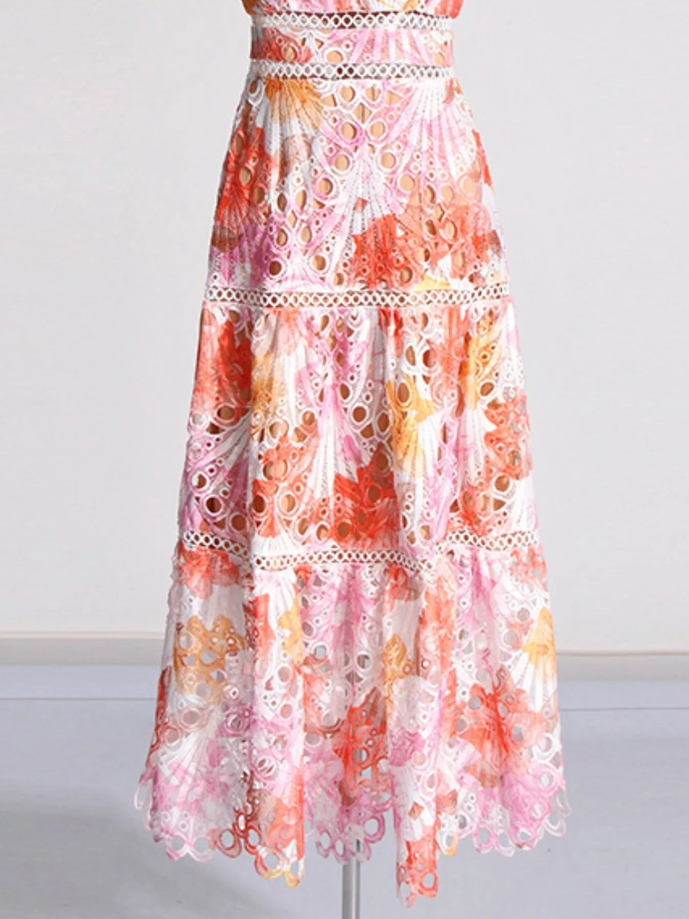 ruffled hollow out midi dress in pink orange watercolor floral with eyelet lace tiers and scalloped hem