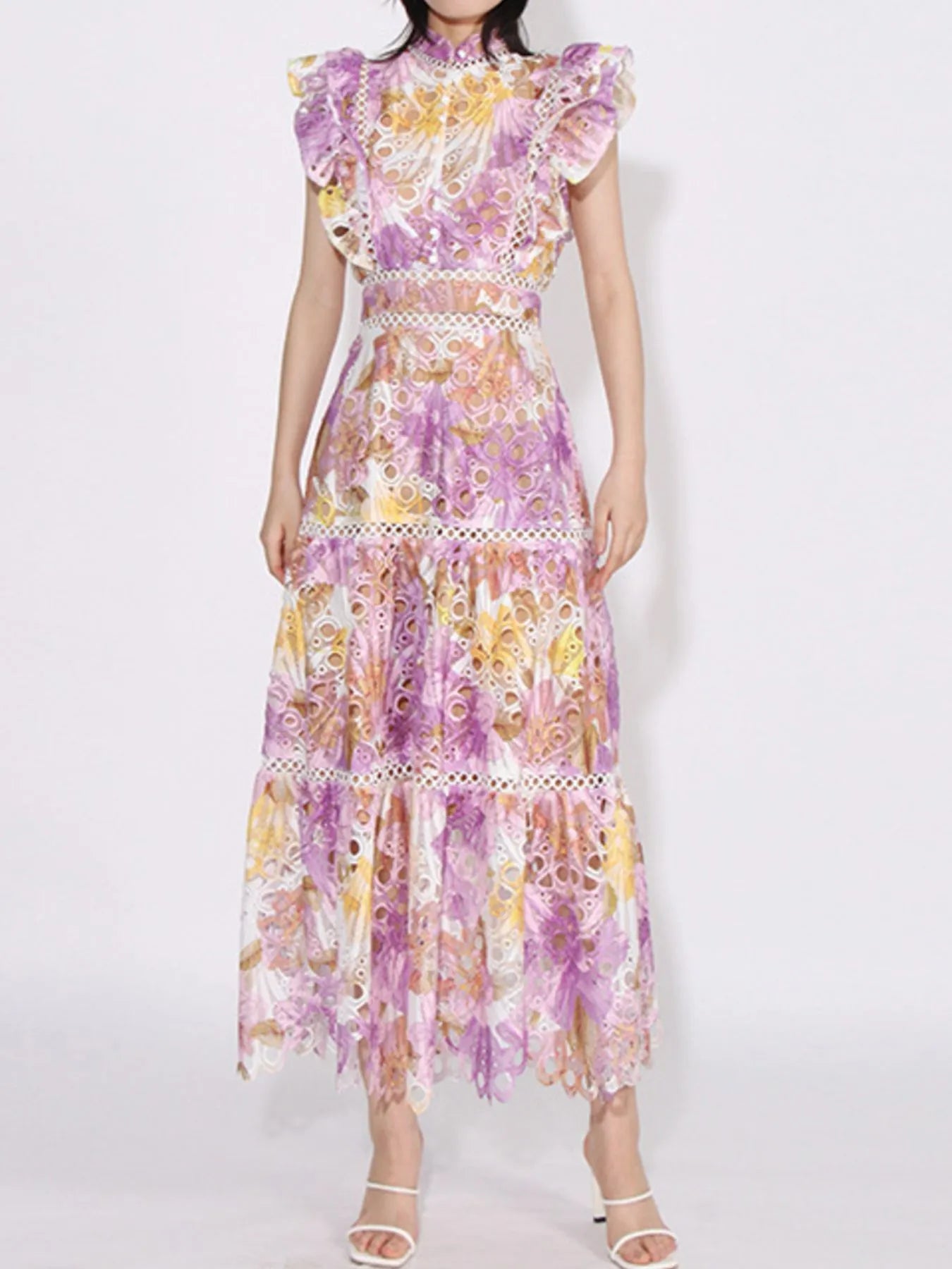 ruffled hollow out midi dress in purple and yellow floral lace with ruffle sleeves and tiered skirt