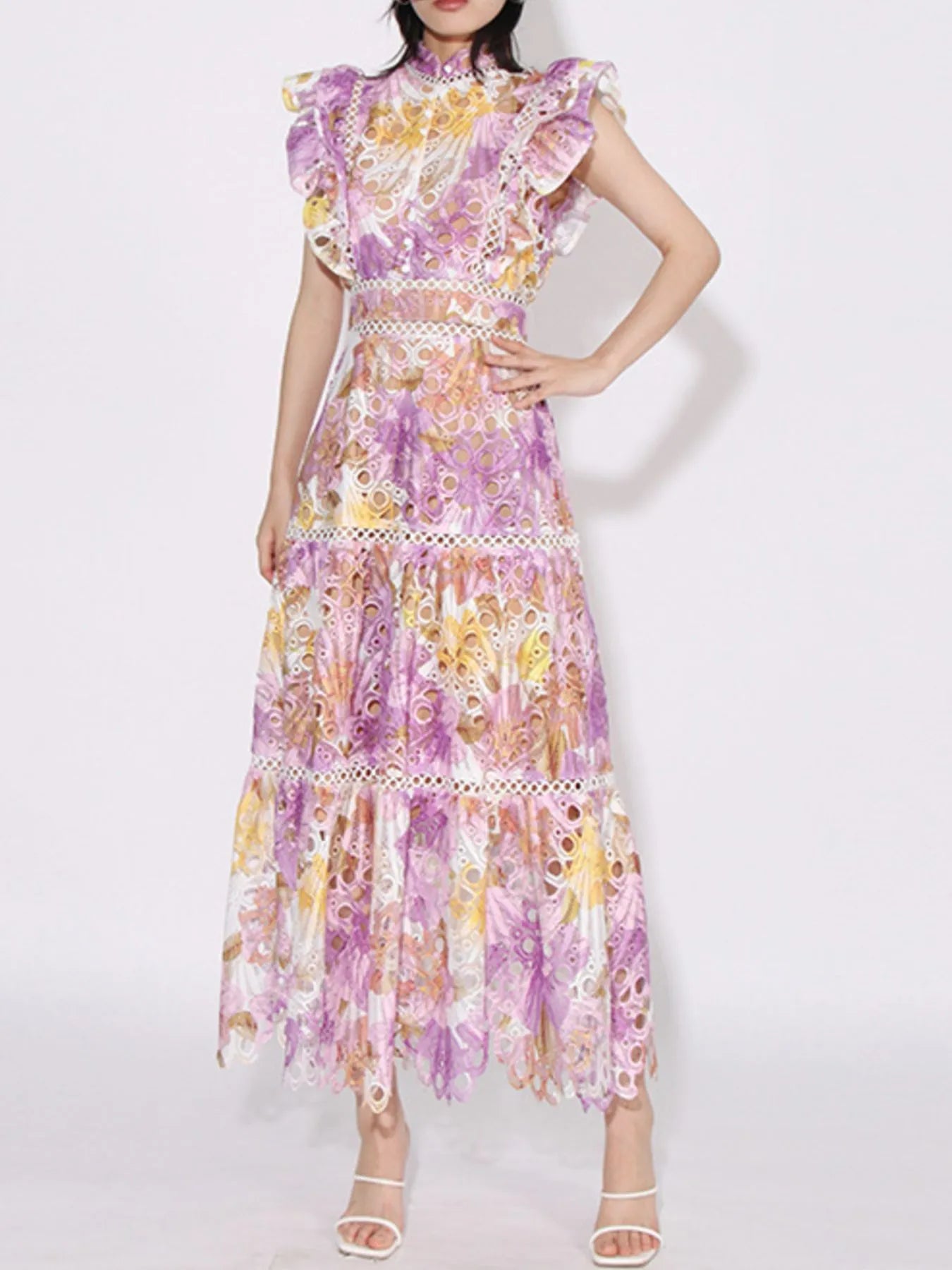 ruffled hollow out midi dress in pastel purple yellow floral lace with ruffled cap sleeves and tiered skirt