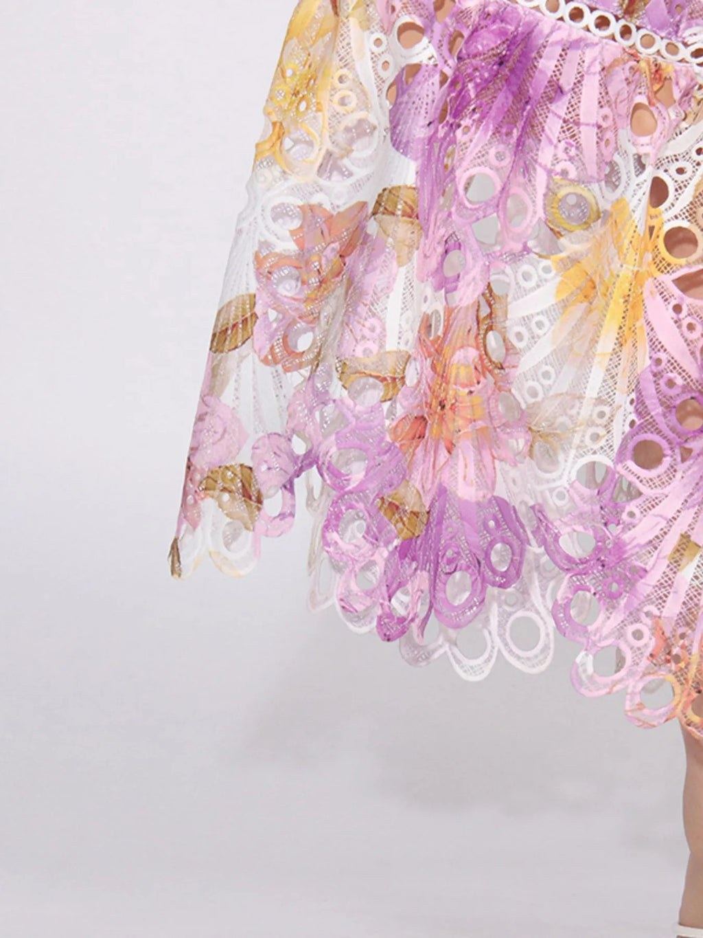 ruffled hollow out midi dress with floral eyelet lace and scalloped ruffled hem in pink and yellow