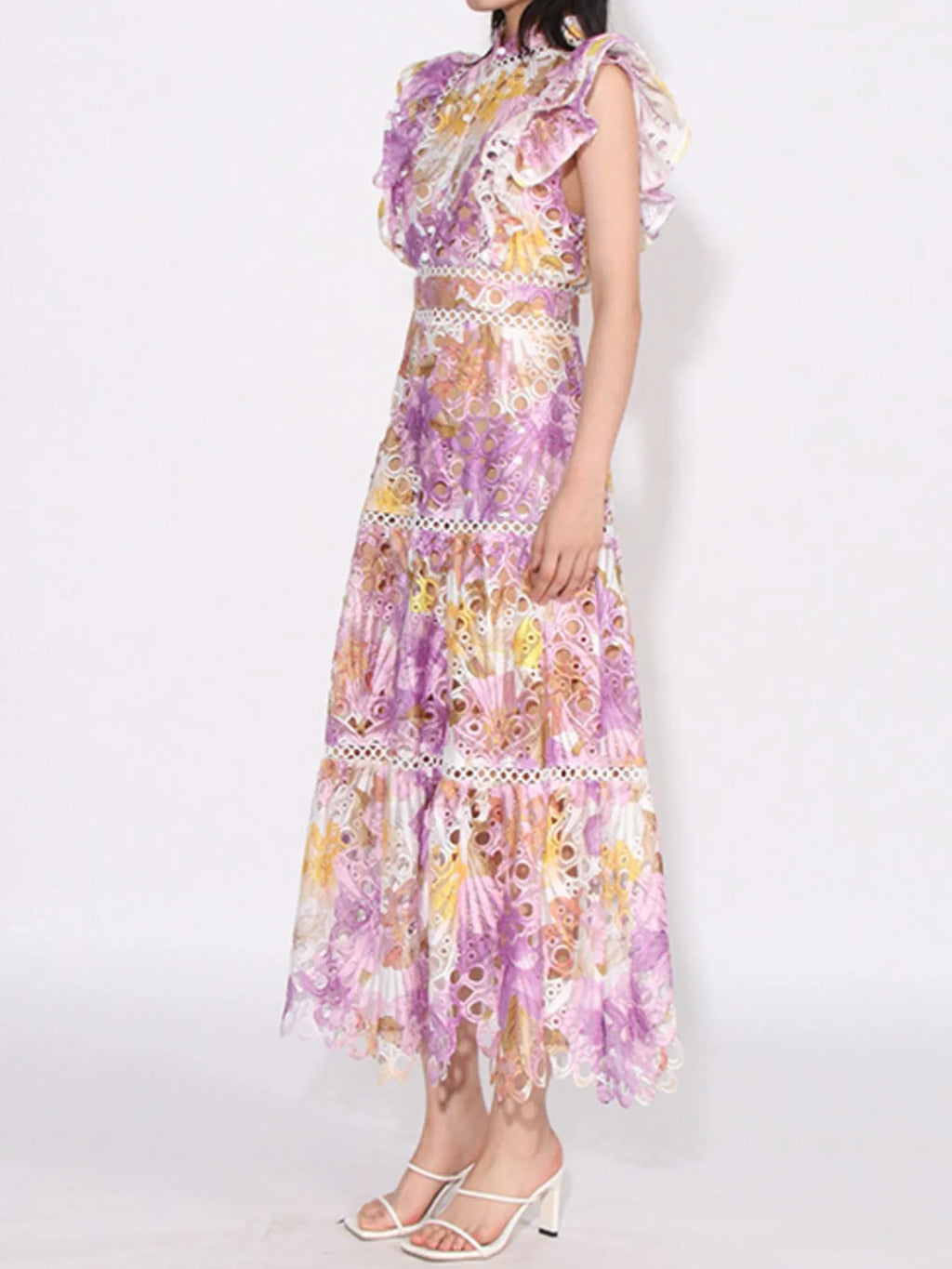 ruffled hollow out midi dress in purple yellow floral lace with tiered skirt and ruffle shoulders