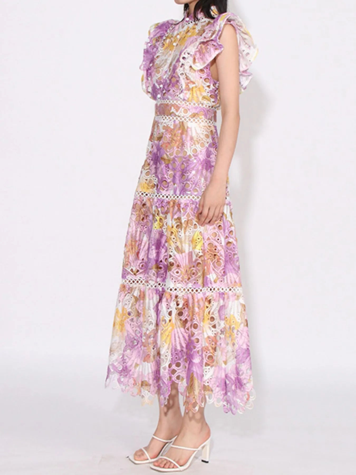 ruffled hollow out midi dress in purple yellow floral lace with tiered skirt and ruffle shoulders