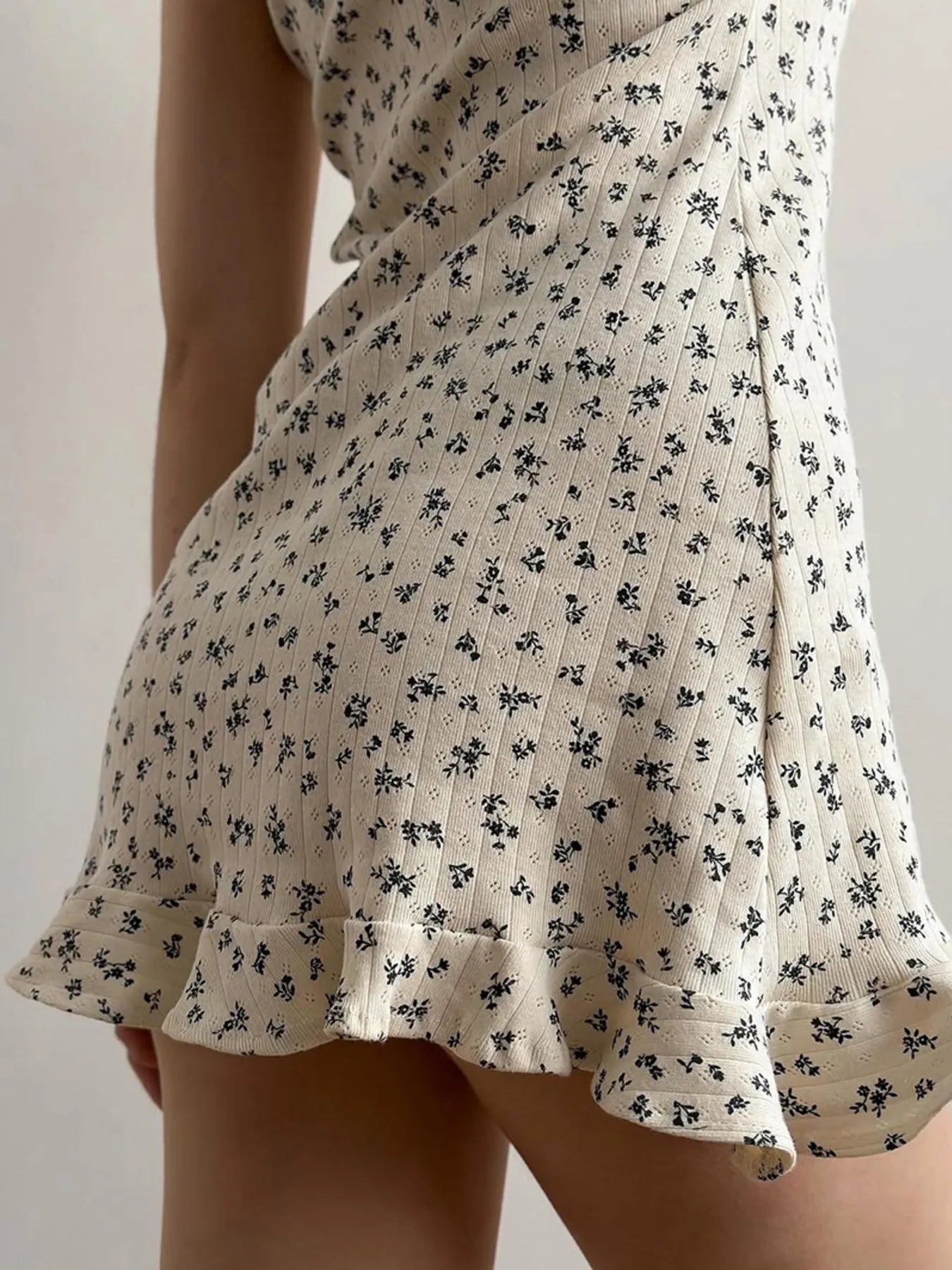 cream ribbed floral print cami lounge dress with black ditsy print and ruffle hem
