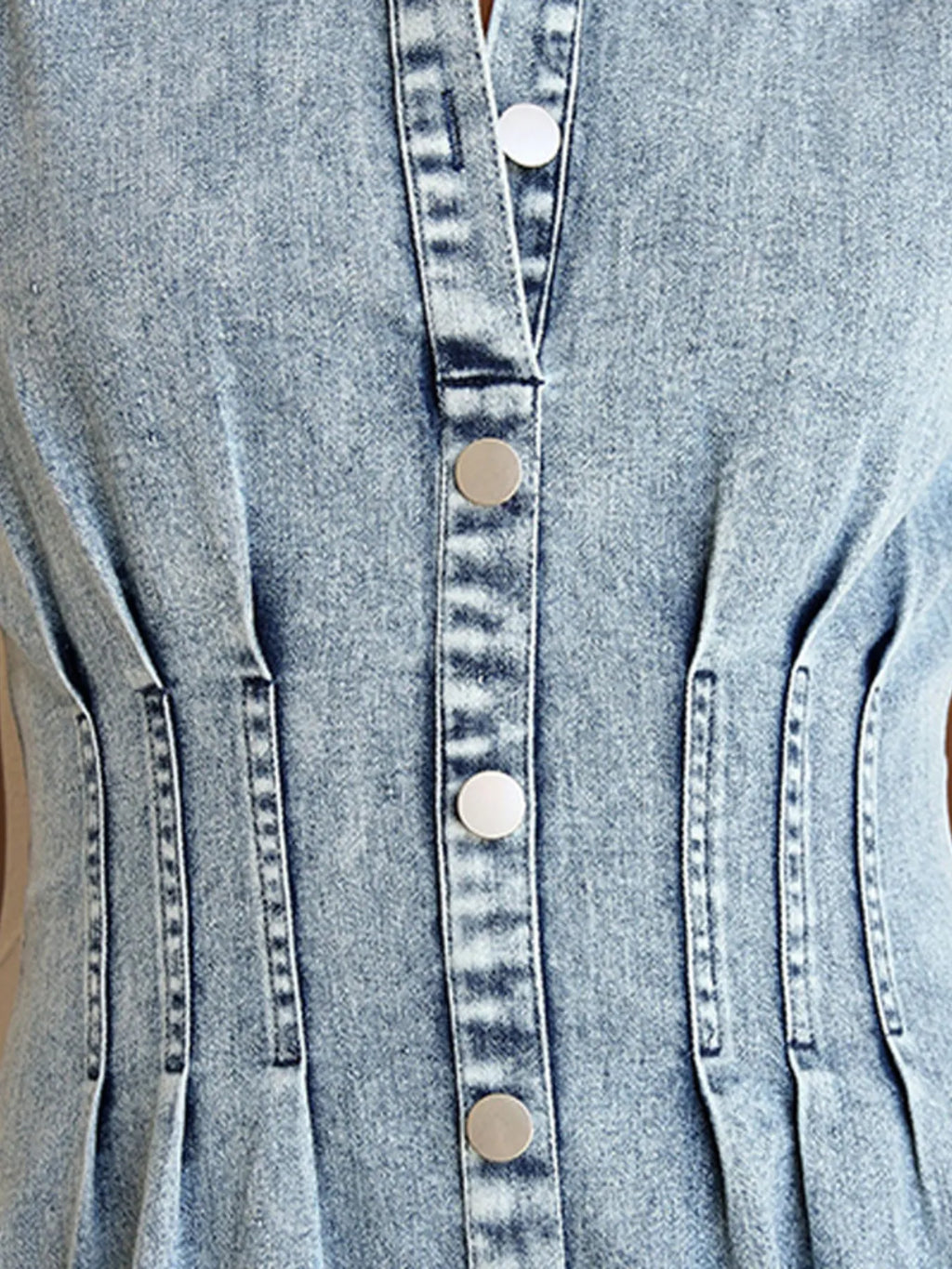 puff sleeve denim midi dress light wash front snap buttons with waist pintuck details