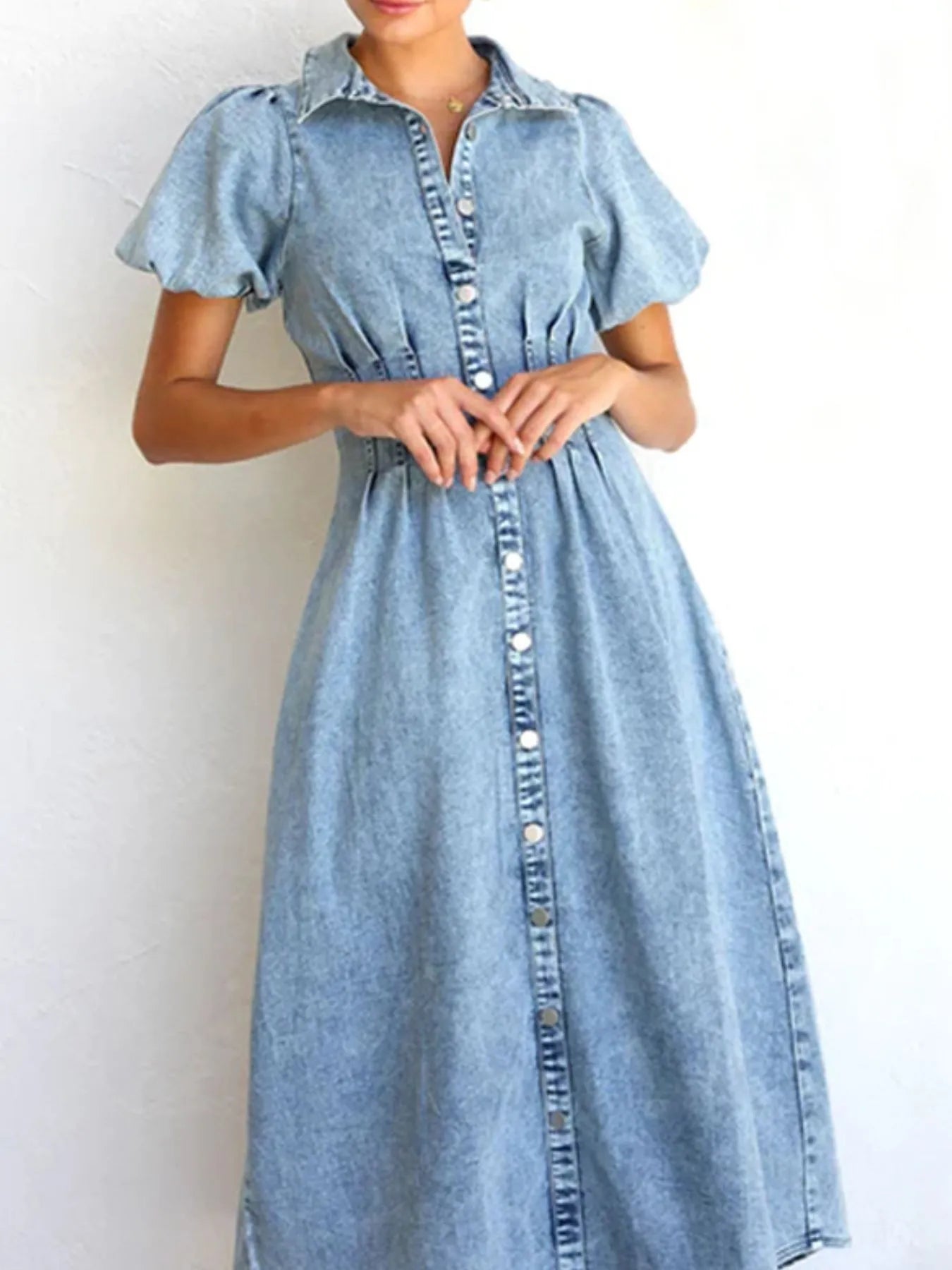 puff sleeve denim midi dress with button front collar cinched waist A line silhouette