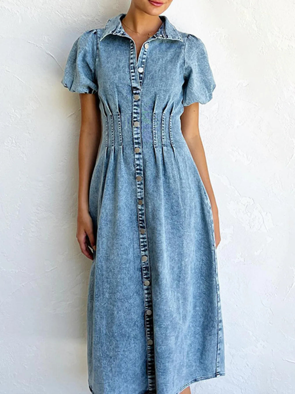 puff sleeve denim midi dress light wash button front collared style with cinched waist and A line skirt