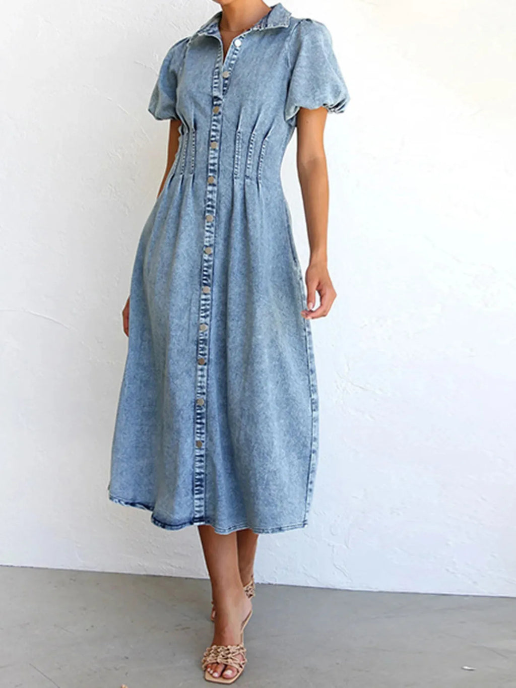puff sleeve denim midi dress in light wash with button front collar fitted waist and A line midi skirt