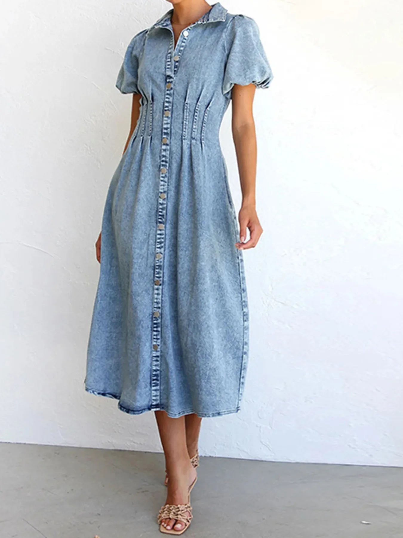 puff sleeve denim midi dress in light wash with button front collar fitted waist and A line midi skirt