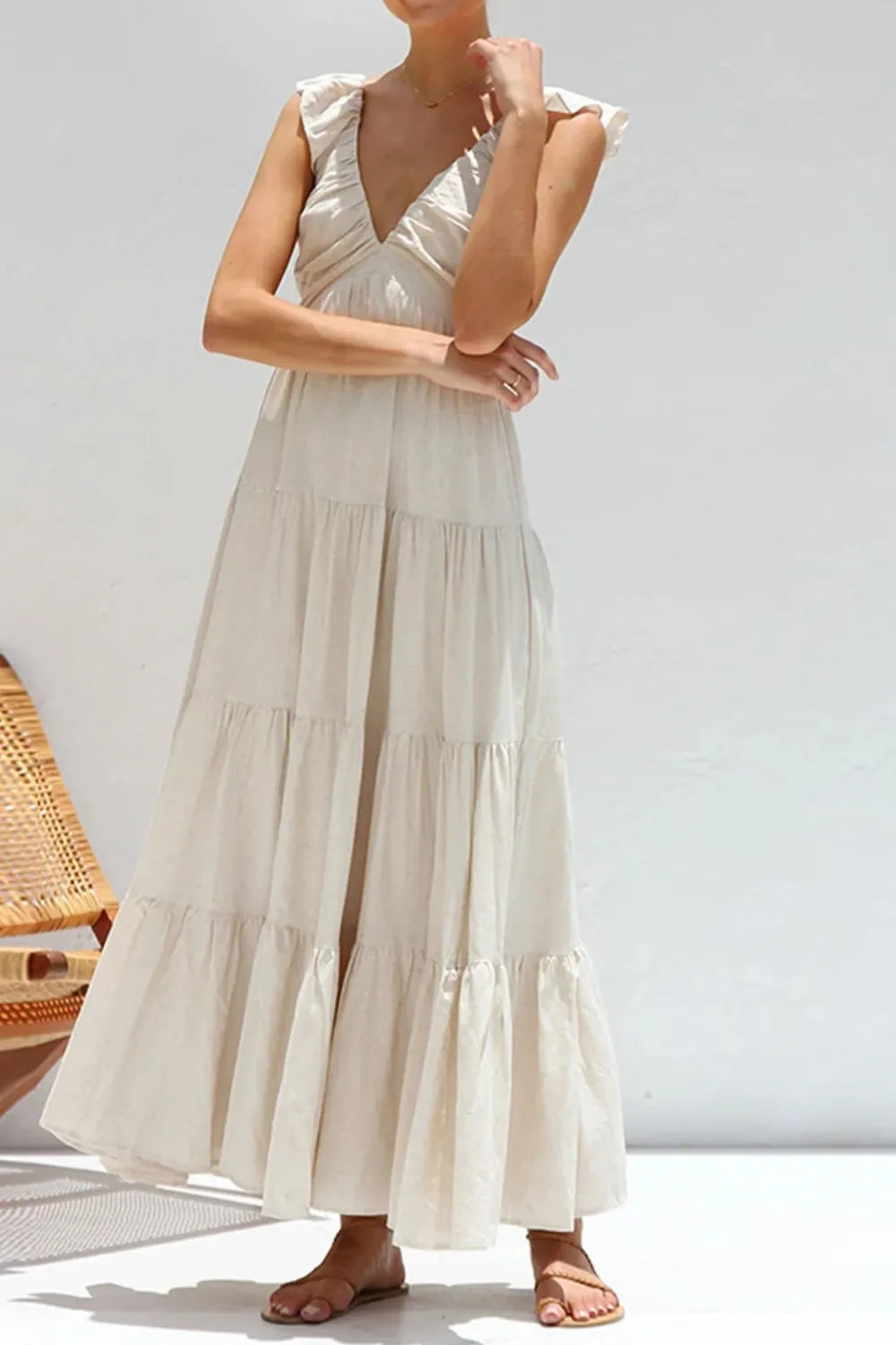 cream ruffled v-neck tiered dress maxi with flutter sleeves lightweight summer look