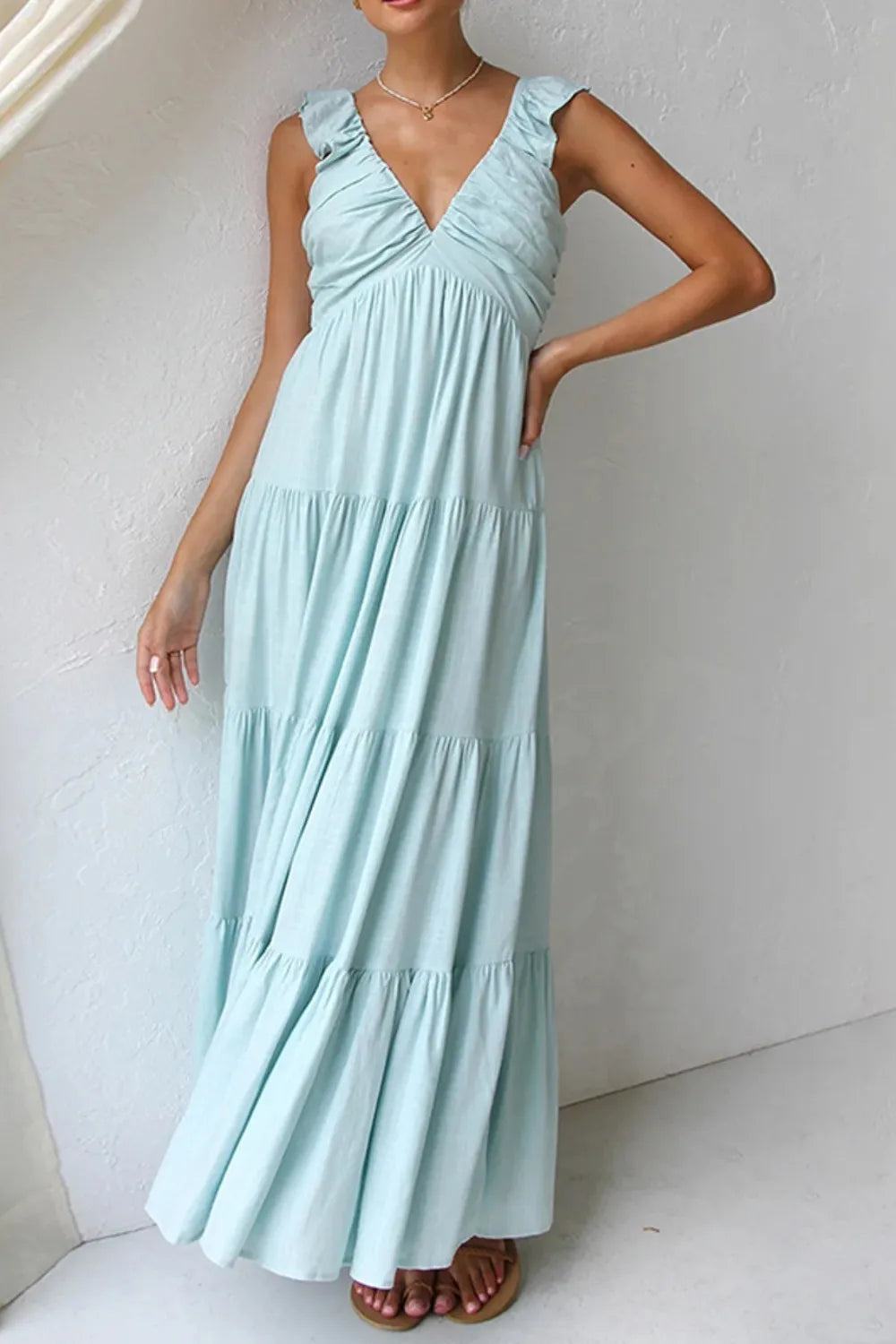 light mint maxi ruffled v-neck tiered dress with ruched bodice ruffle straps and flowing skirt