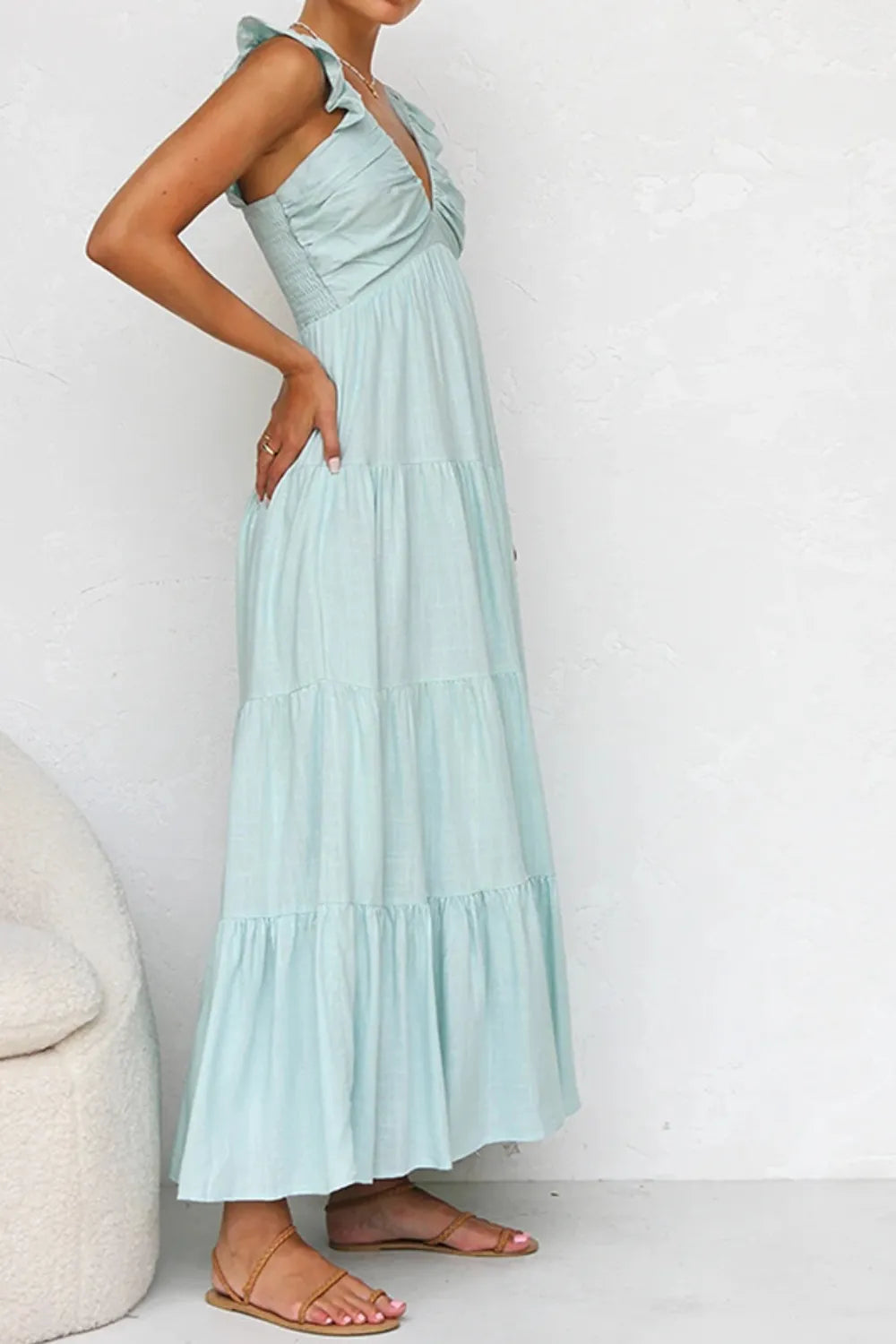 light mint ruffled v-neck tiered dress maxi with ruffle shoulder straps and flowing tiers side view