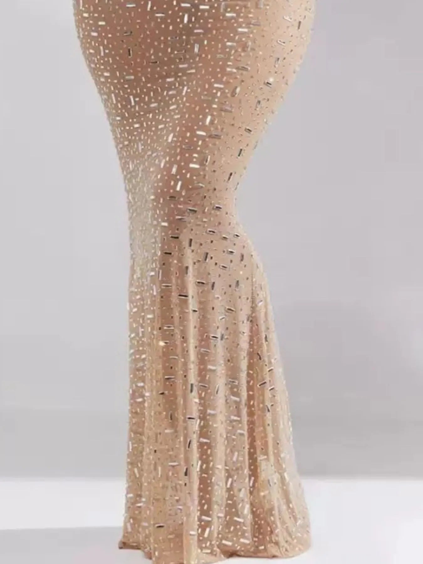 rhinestone maxi dress in nude champagne mermaid silhouette with scattered rectangular stones