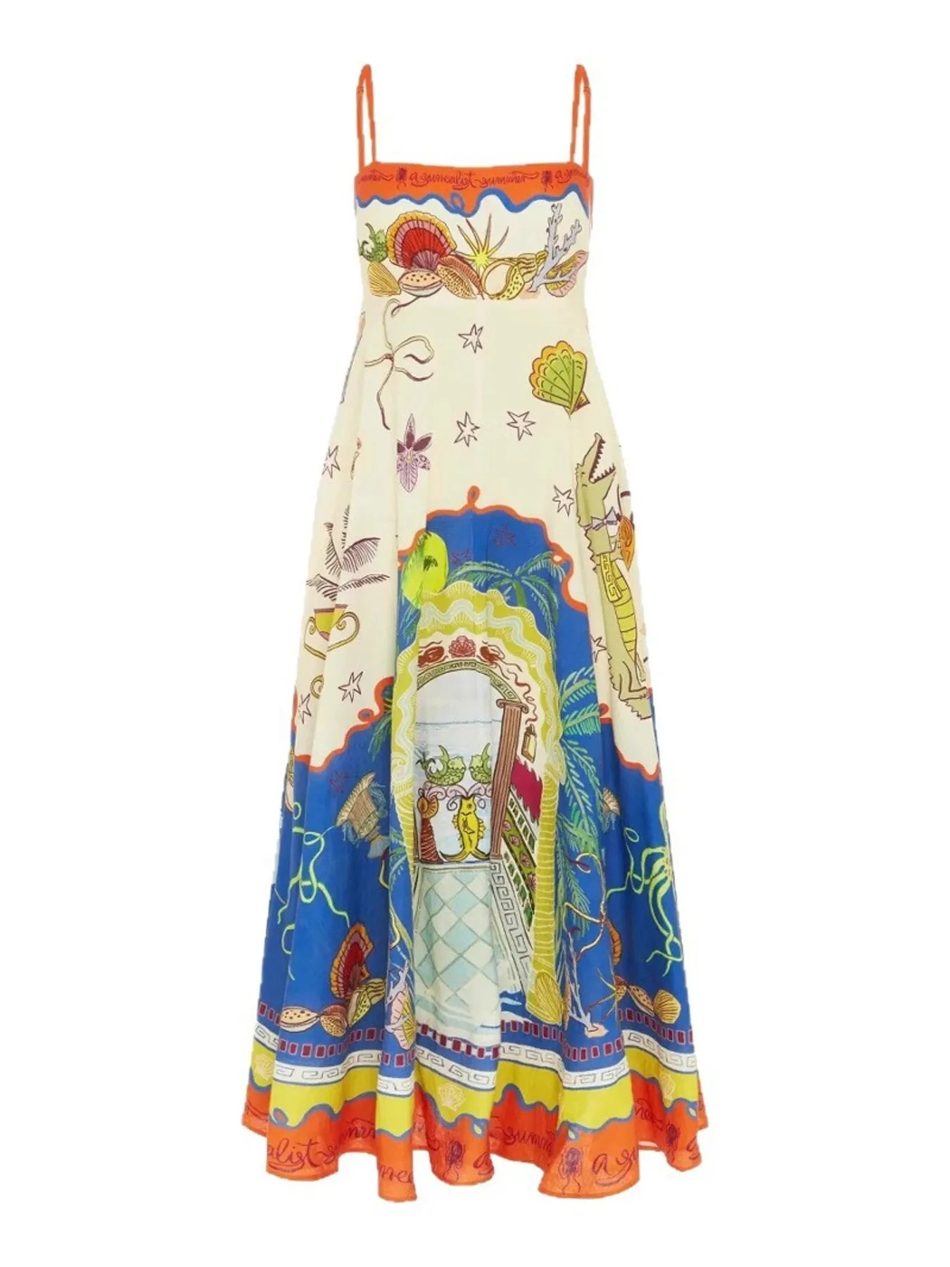 printed square neck maxi dress with spaghetti straps vibrant coastal print and flowy silhouette for summer resort wear
