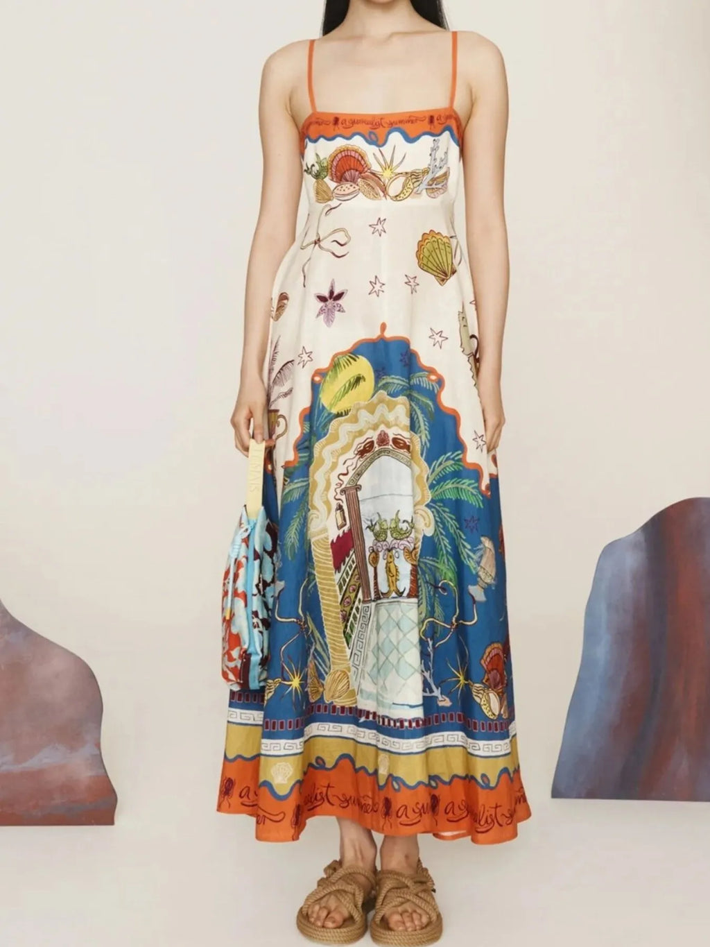 printed square neck maxi dress coastal print with spaghetti straps matching tote and flat sandals