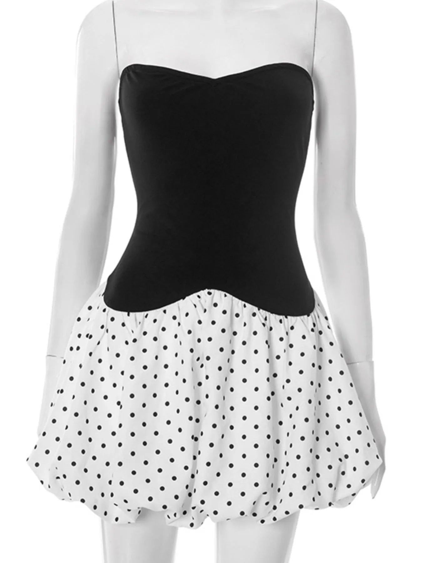 sweetheart neck polka dot mini dress with black fitted bodice white polka dot bubble skirt and thin straps