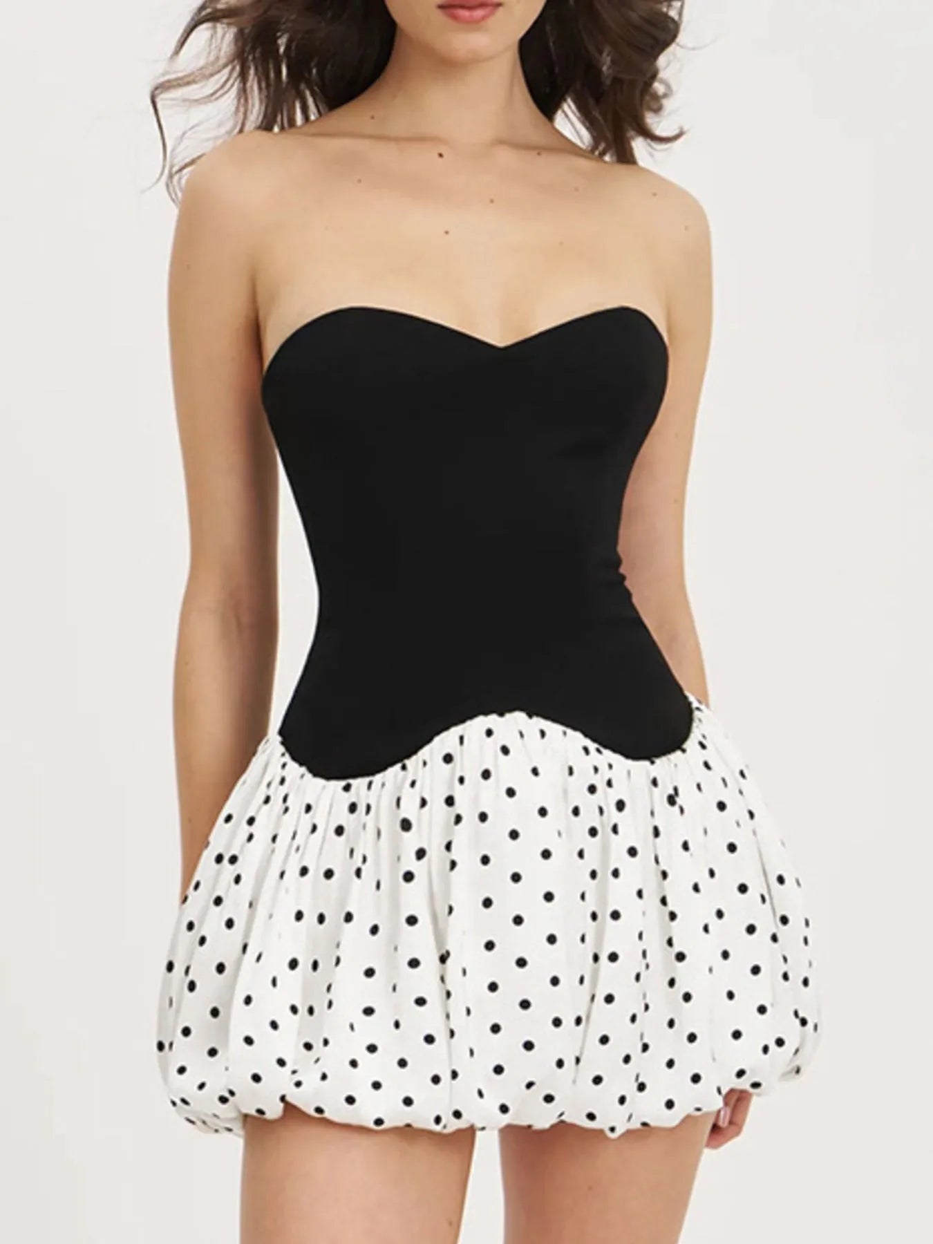 sweetheart neck polka dot mini dress strapless black sweetheart bodice with white polka dot bubble skirt
