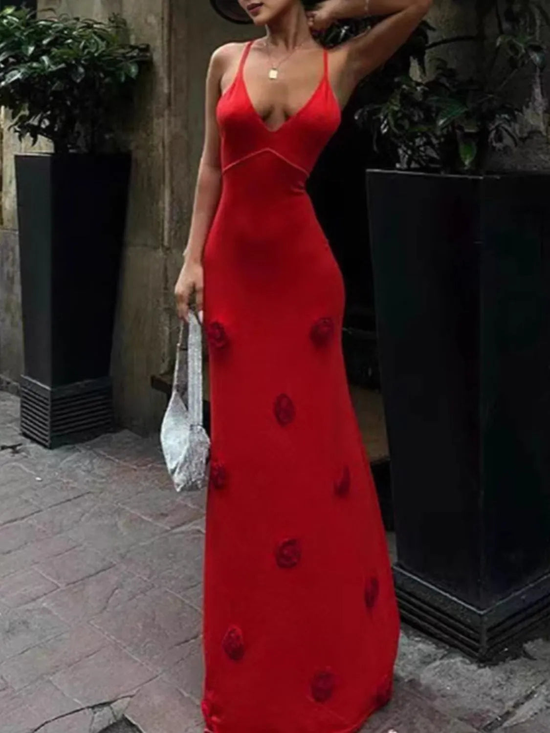 red spaghetti strap maxi cami dress with knit rose appliques flower maxi sweater cami dress