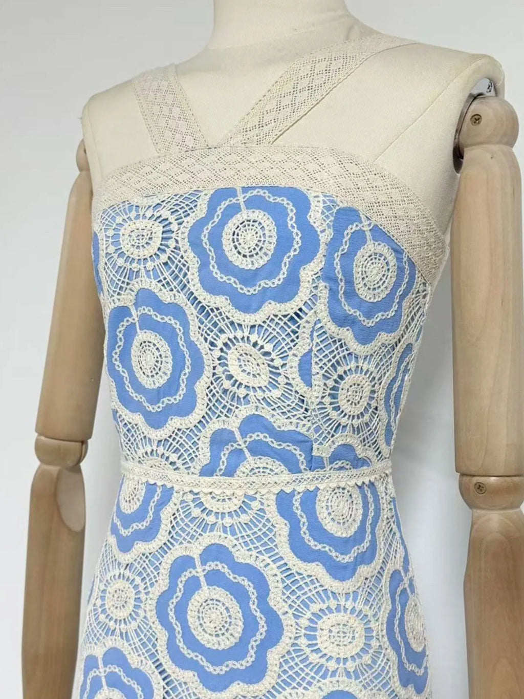 lace tiered midi dress blue with white floral crochet lace overlay sleeveless fitted waist