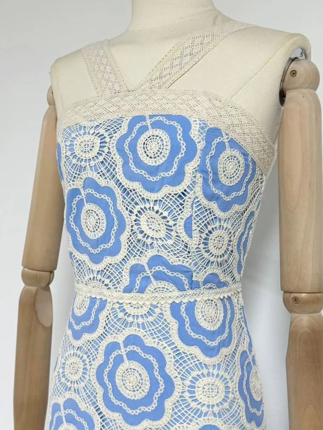 lace tiered midi dress blue with white floral crochet lace overlay sleeveless fitted waist