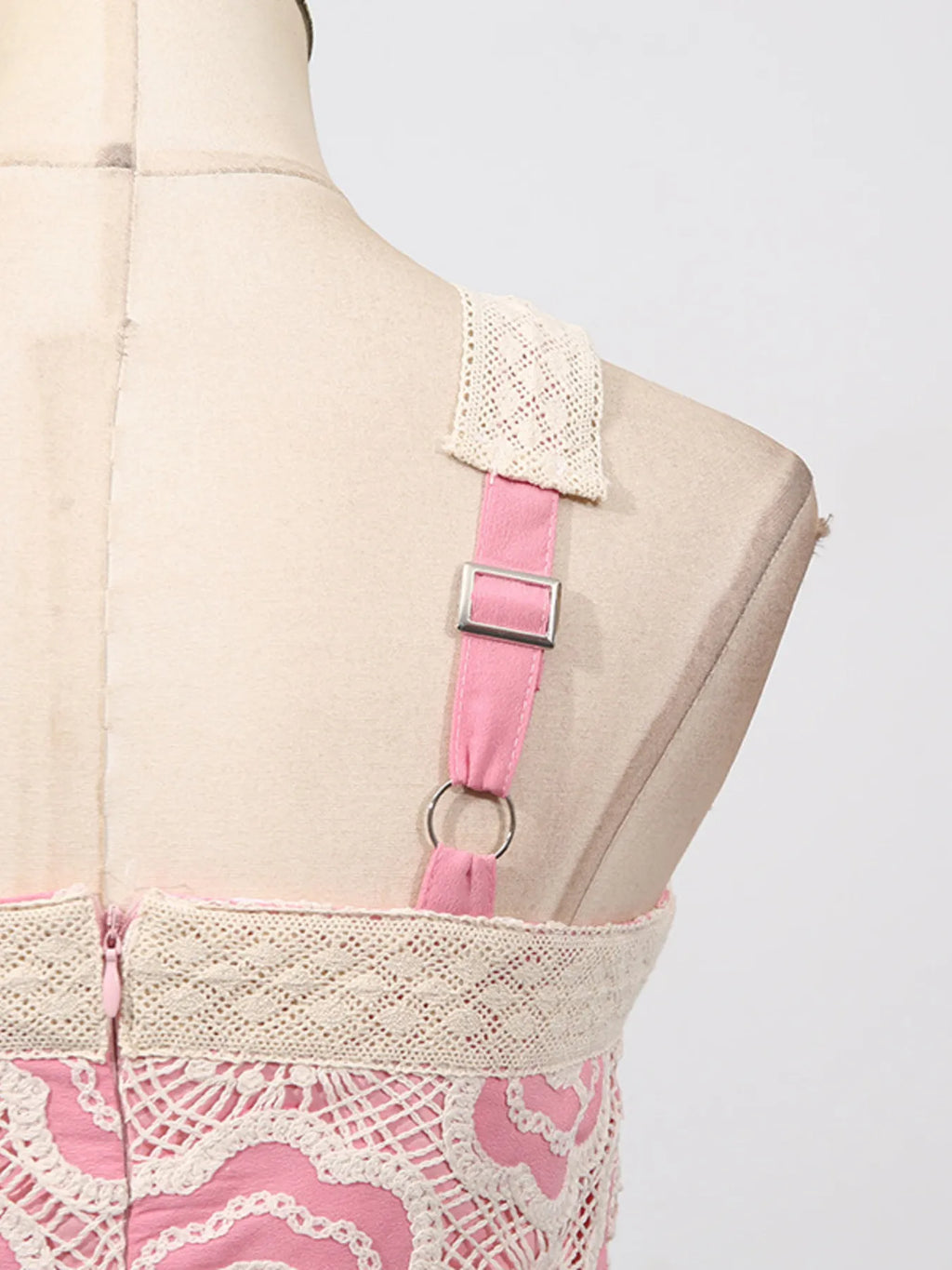 lace tiered midi dress back close up showing pink adjustable strap silver slider zipper and lace trim