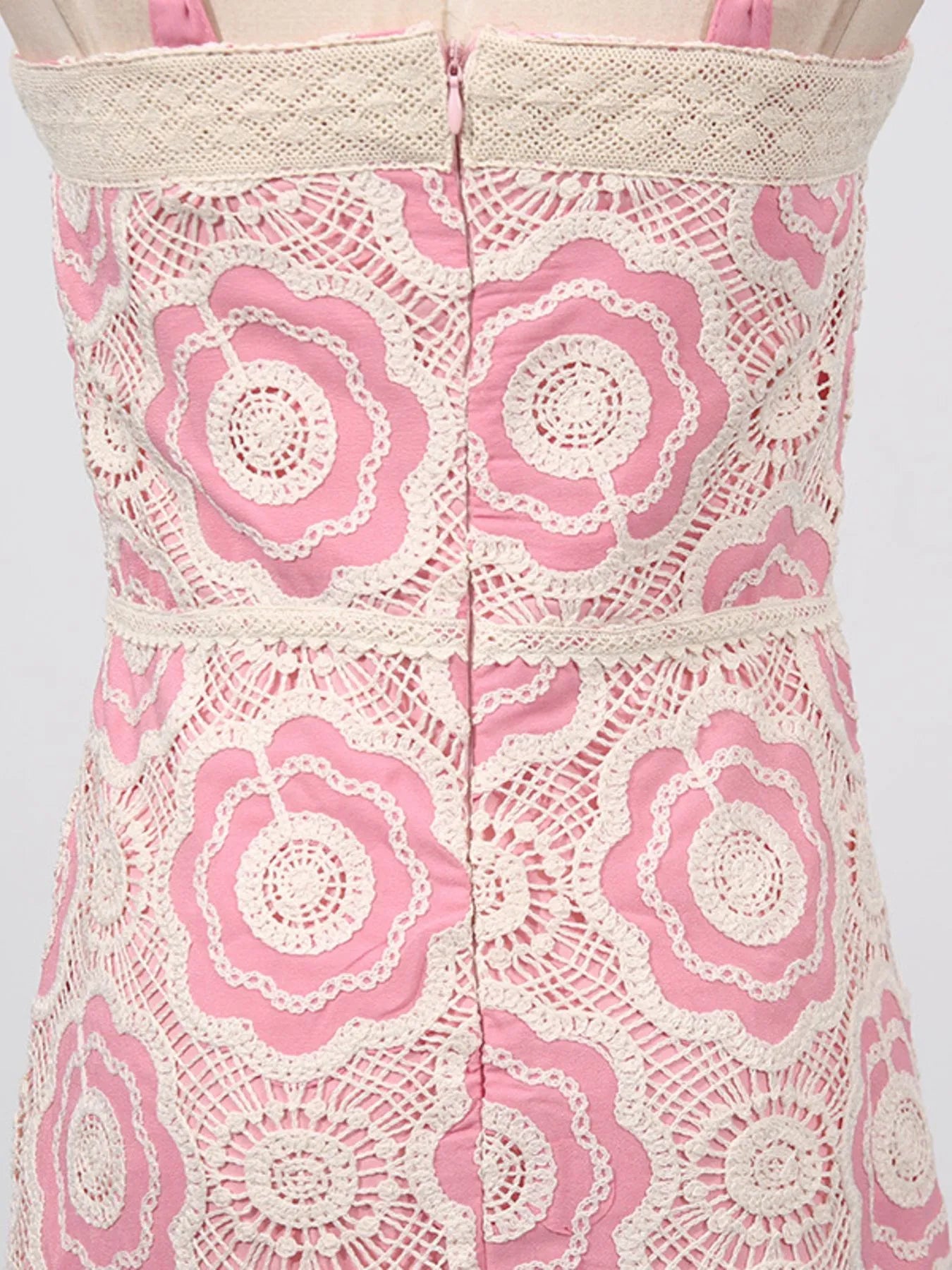 lace tiered midi dress back view pink lining with cream floral crochet lace overlay and center back zipper