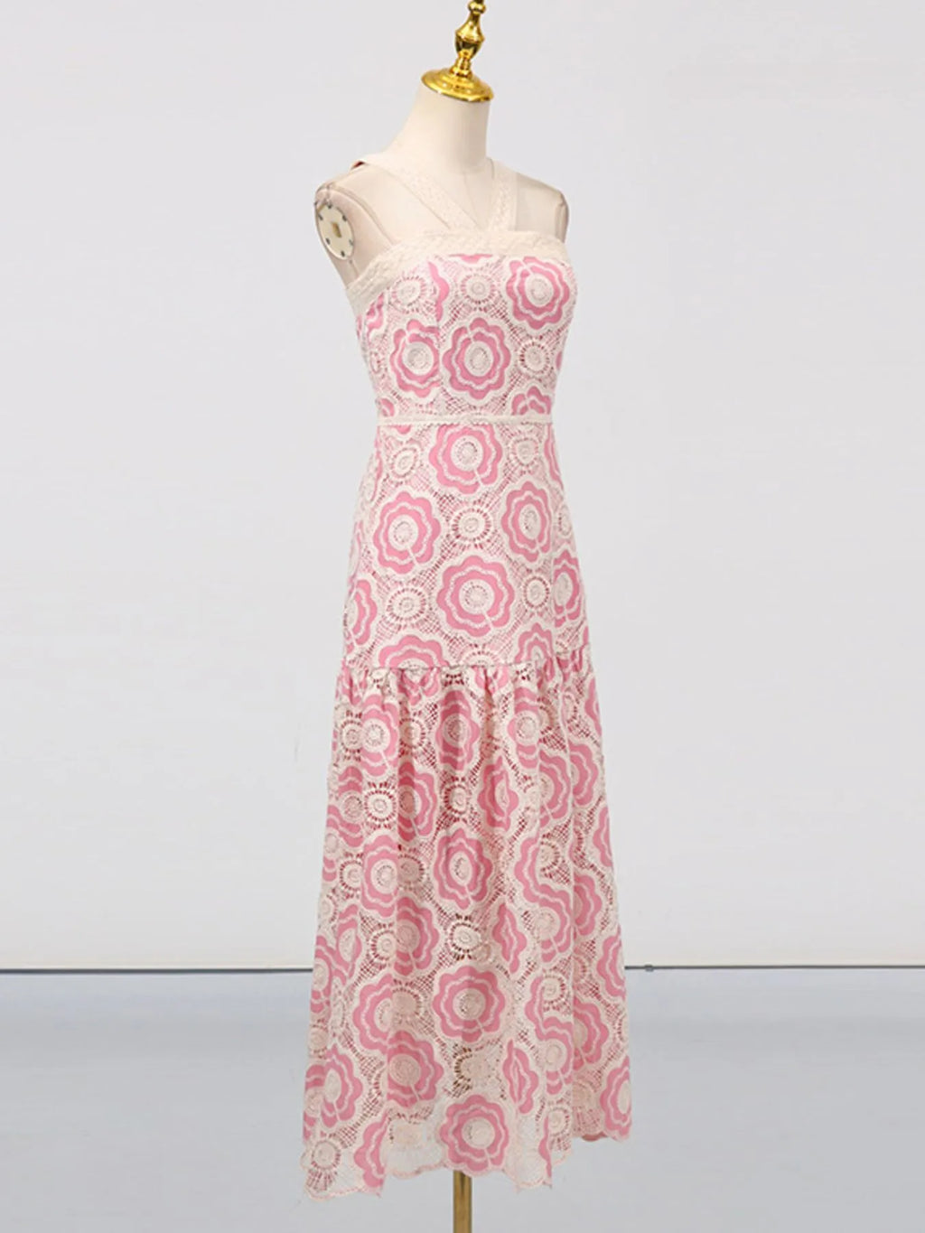 pink and white floral lace tiered midi dress with sheer straps fitted bodice and ruffled hem