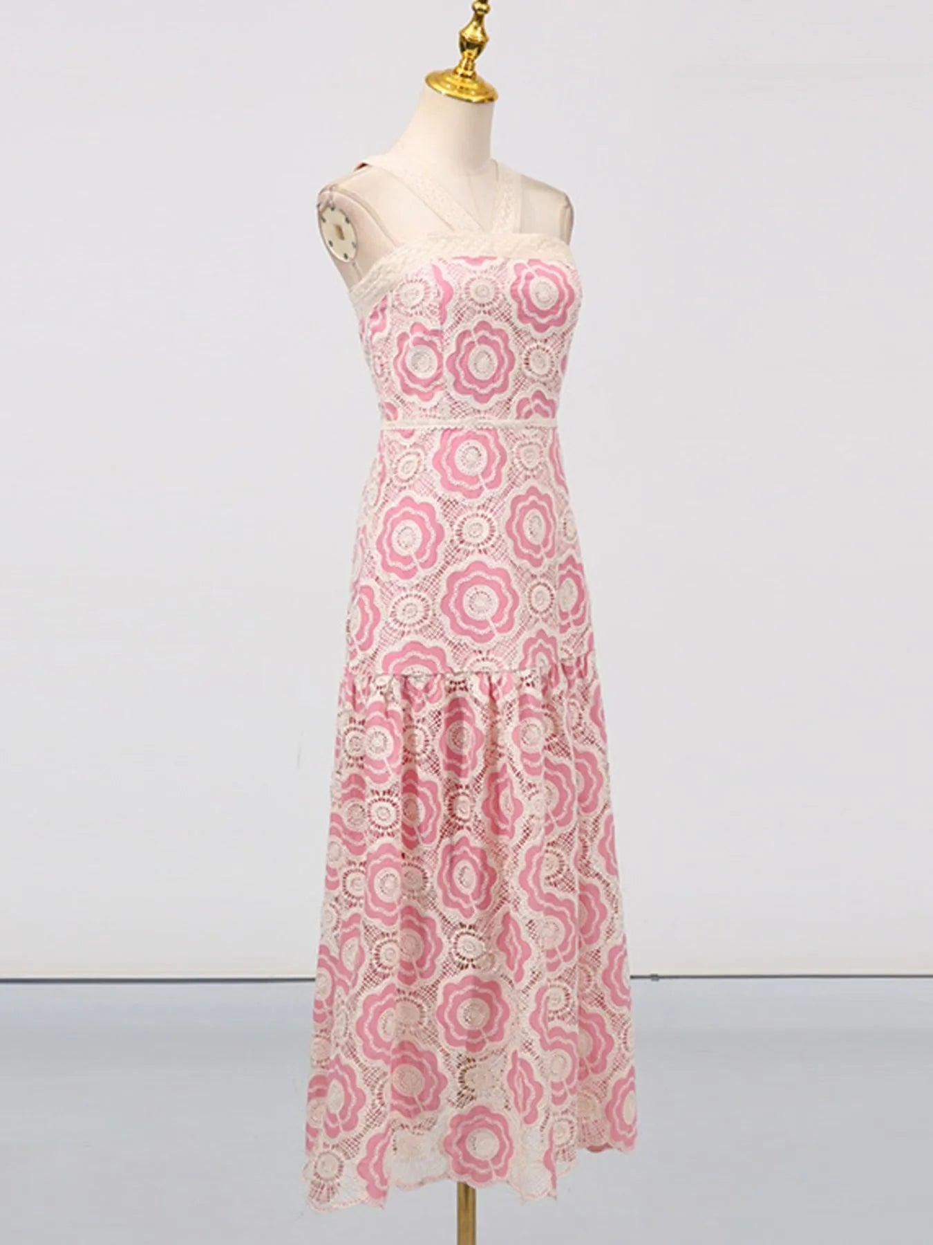 pink and white floral lace tiered midi dress with sheer straps fitted bodice and ruffled hem